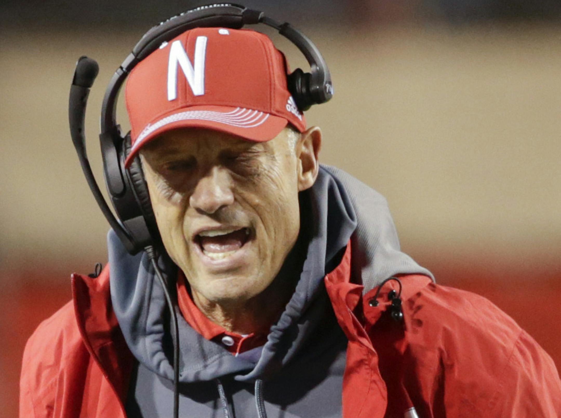 Nebraska head coach Mike Riley reacts after an unsportsmanlike conduct penalty against Nebraska wide receiver De'Mornay Pierson-El during the first half of an NCAA college football game against Minnesota in Lincoln, Neb., Saturday, Nov. 12, 2016. (AP Photo/Nati Harnik) ORG XMIT: NENH112