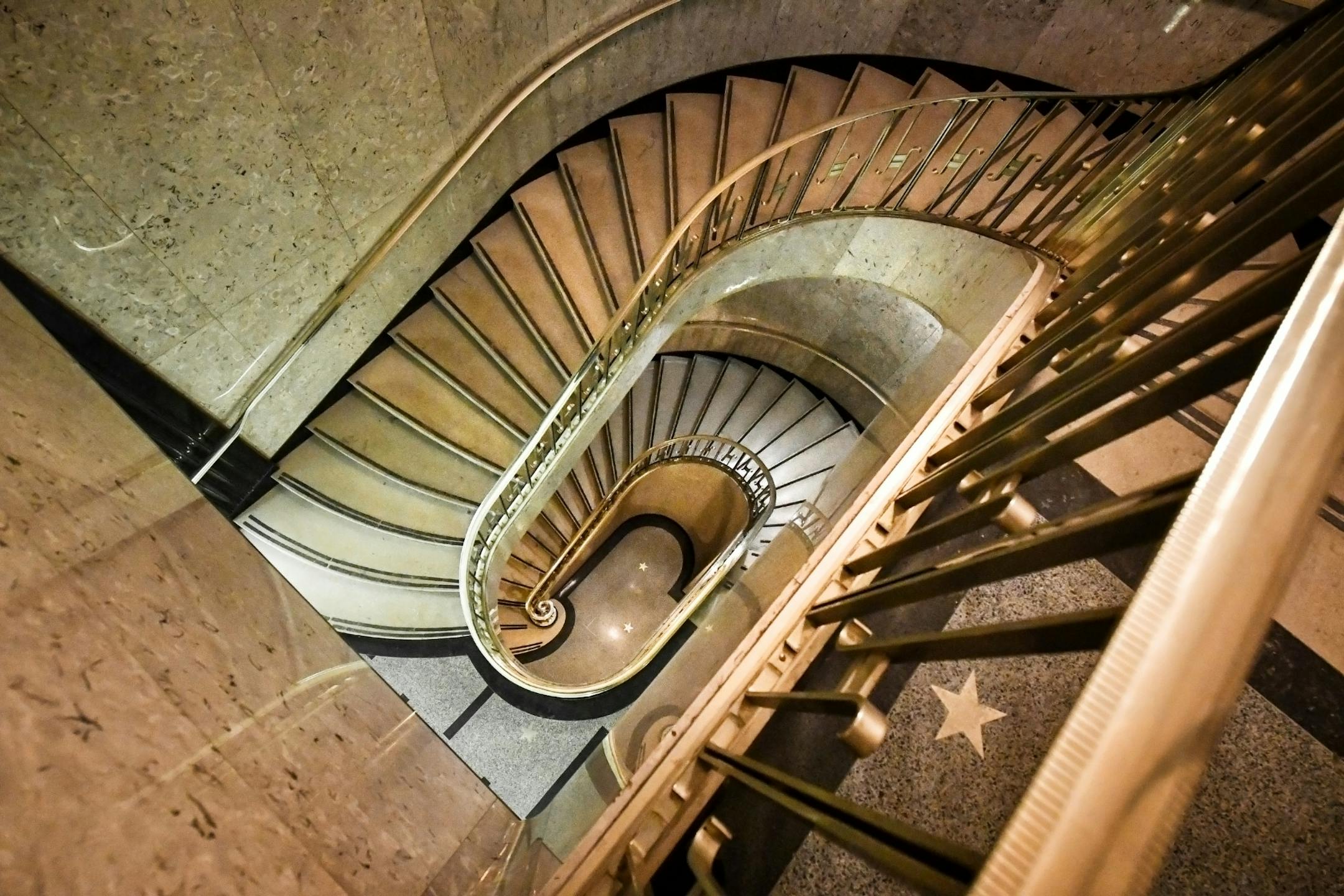 The lobby staircase of the Rand Tower in downtown Minneapolis.