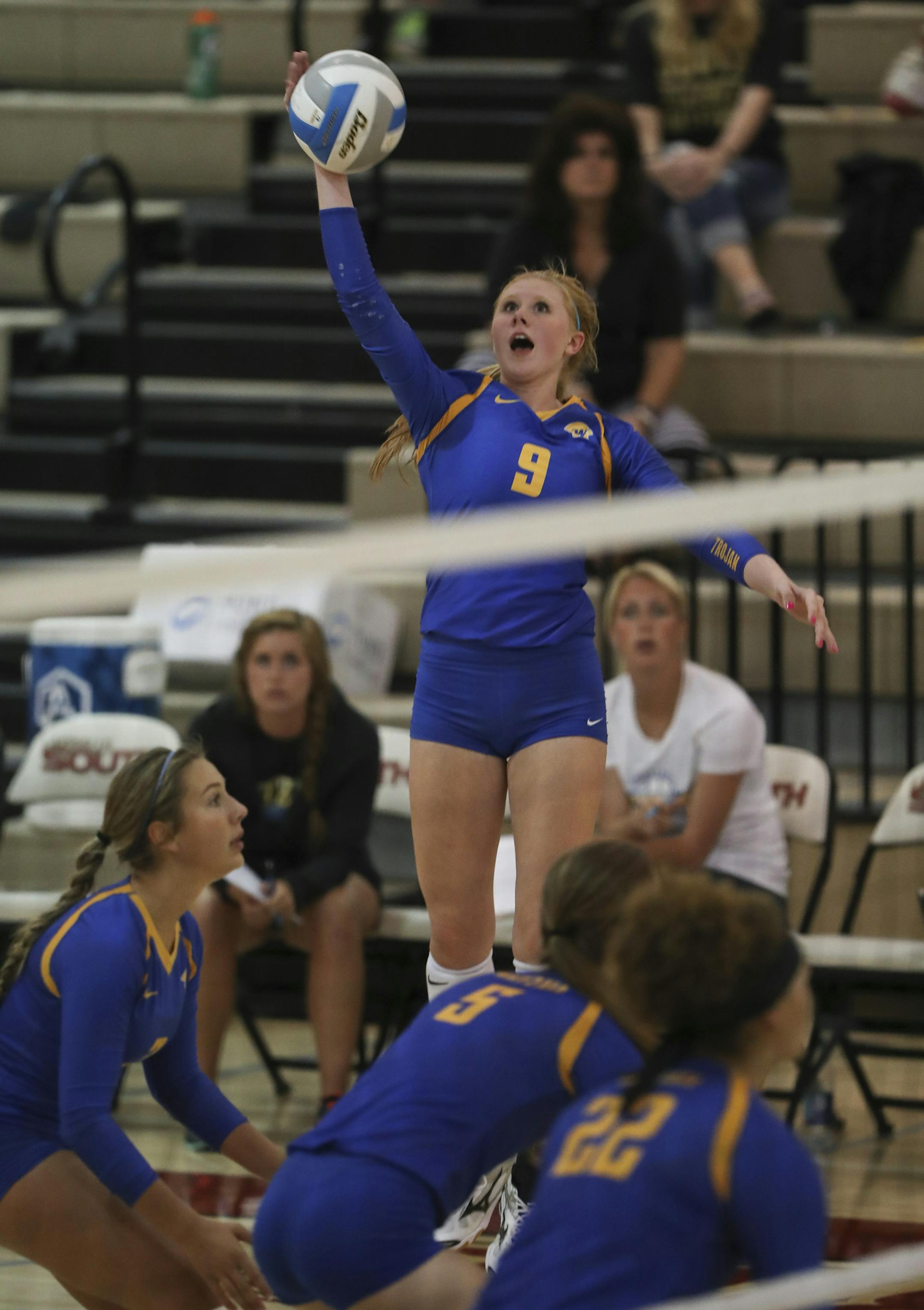 Wayzata senior Kate Berg spiked the ball against Lakeville South Tuesday night. ] JEFF WHEELER ï jeff.wheeler@startribune.com Wayzata lost 3-0 to Lakeville South High School in a volleyball match at Lakeville Tuesday night, September 6, 2016.
