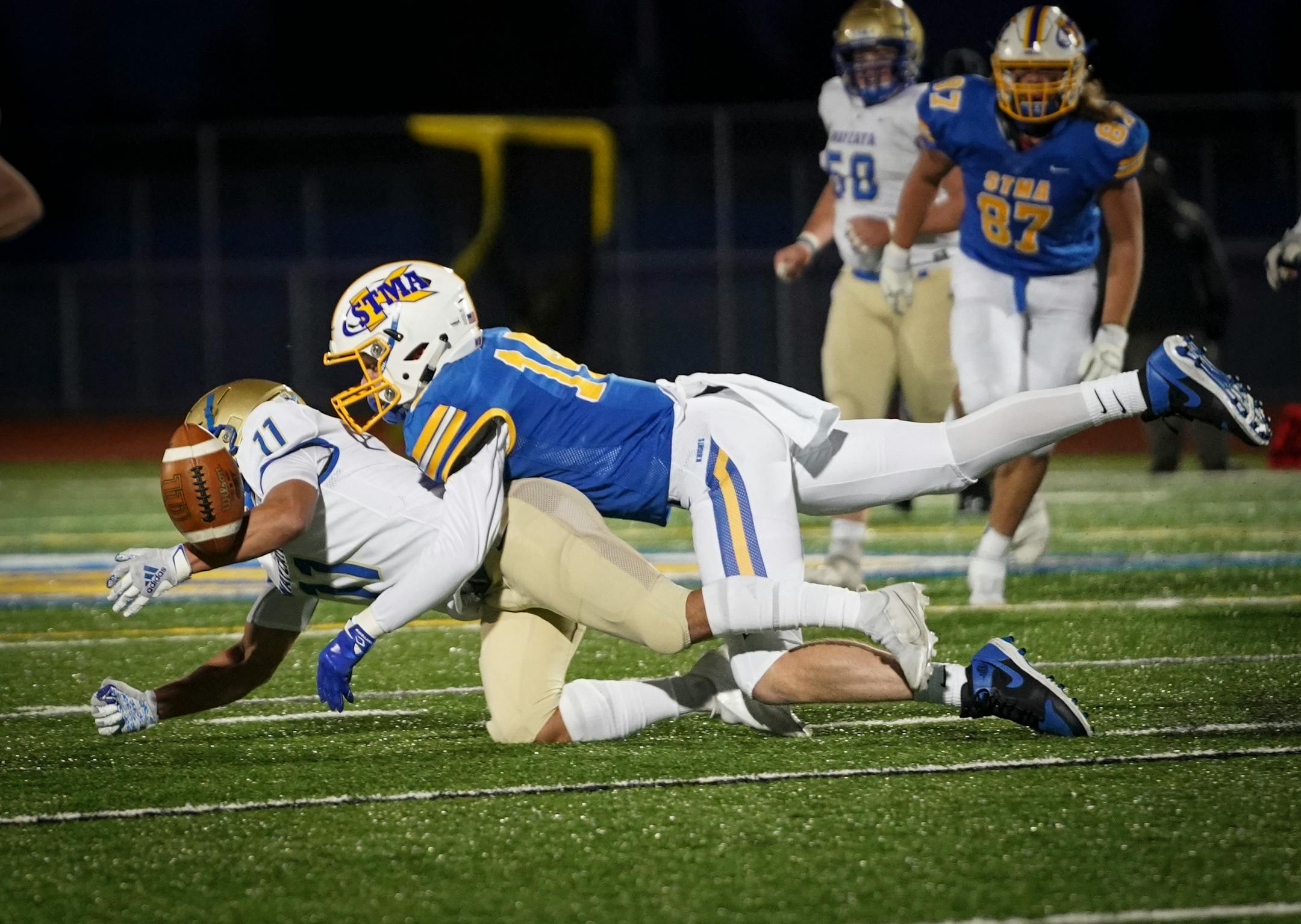 Two top-10 teams, St. Michael-Albertville (in blue, shown against Wayzata on Oct. 13) and Champlin Park, went from having their regularly scheduled contests postponed to finding each other for a game at a late hour last week.