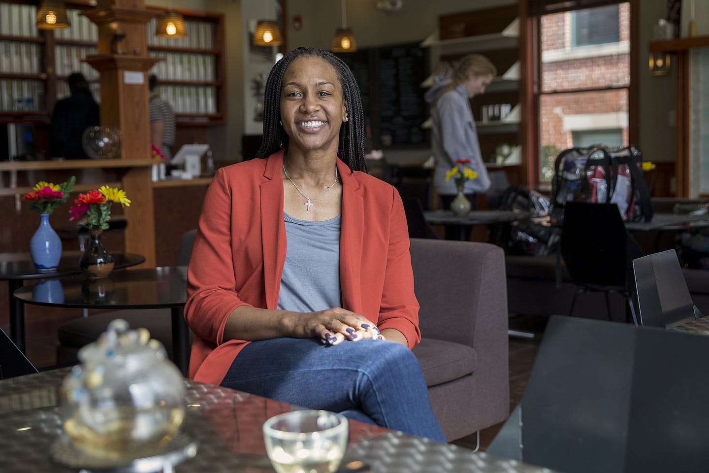 Tamika Catchings, a former star of the Indiana Fever, poses for a portrait inside Tea's Me Cafe in Indianapolis in 2017.