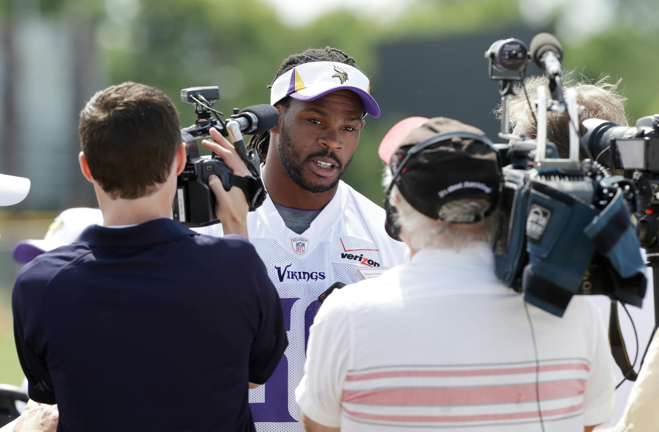 Vikings linebacker Desmond Bishop spoke to media members during training camp on Monday in Mankato.