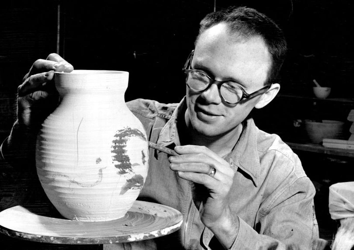 Warren MacKenzie experimented with brush designs on a vase in January 1950.