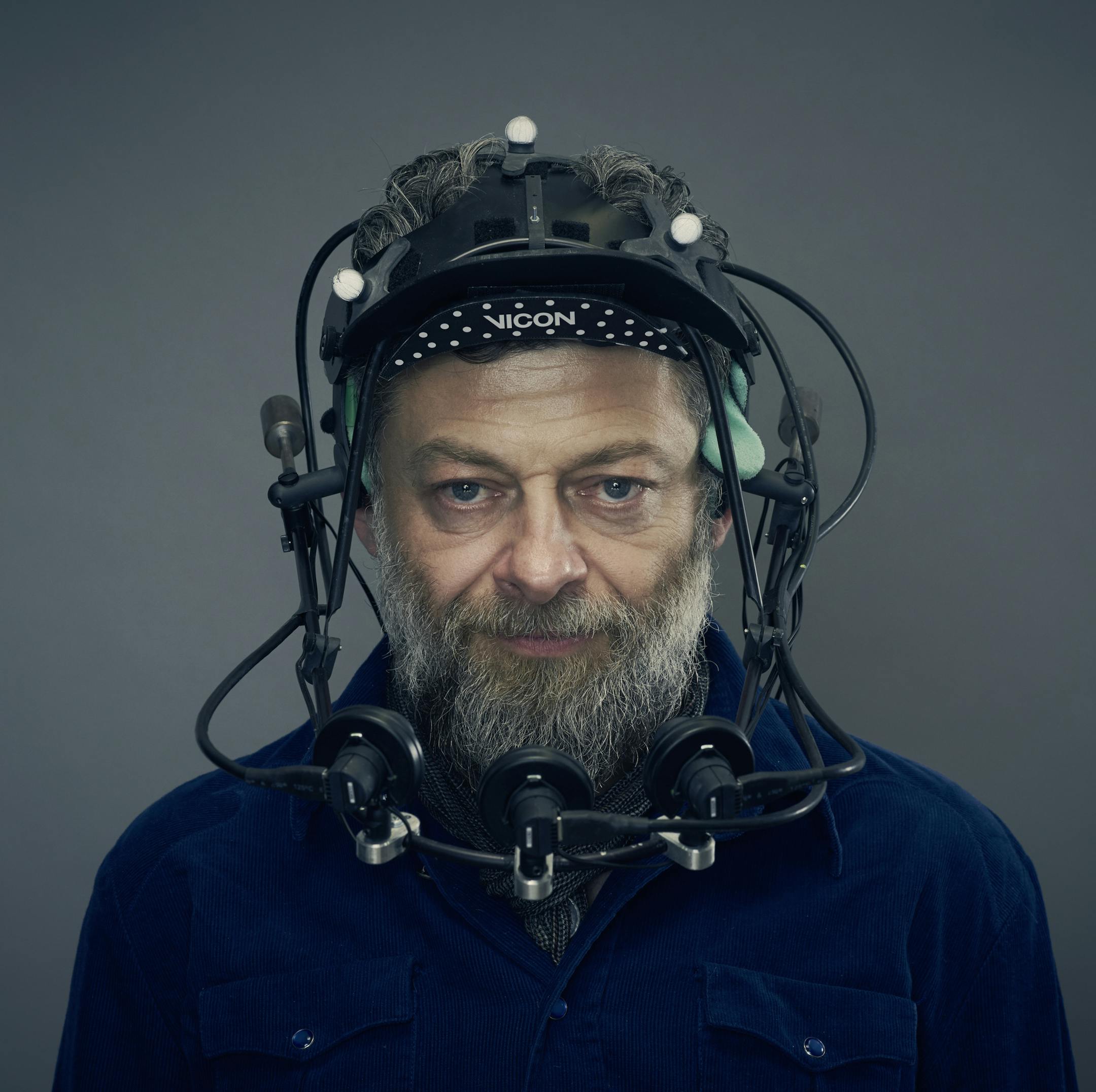 Andy Serkis (on-screen consultant) wearing performance capture headgear in "Neanderthal."
credit: Rory Mulvey/VixPix Films Ltd.