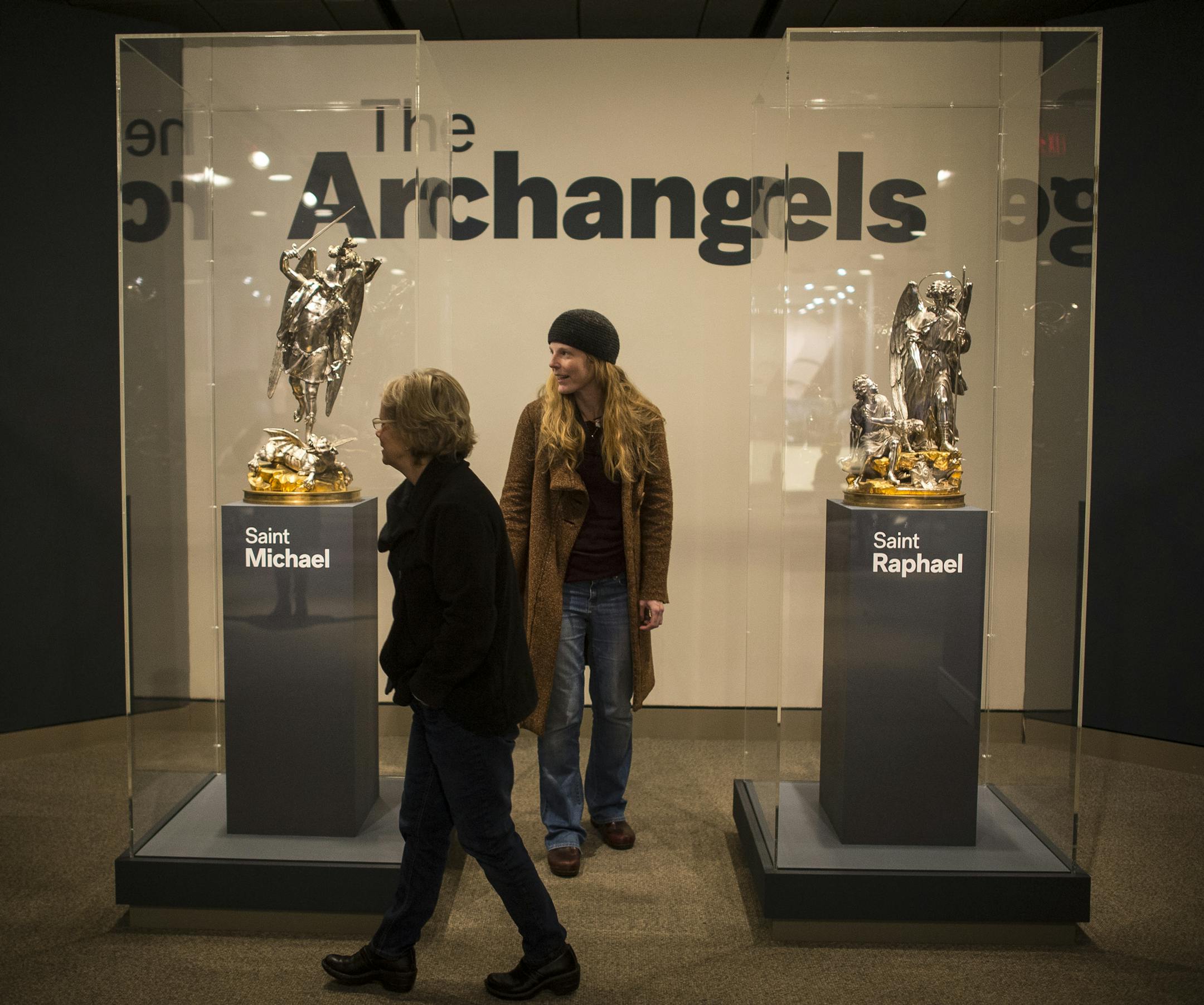 Jan Bros, of Albertville, left, and Caroline White, of Arden Hills, looked at the Archangels exhibit on Friday afternoon. ] (AARON LAVINSKY/STAR TRIBUNE) aaron.lavinsky@startribune.com The Archangels exhibit at the Minneapolis Institute of Art photographed Friday, Dec. 11, 2015 in Minneapolis, Minn.