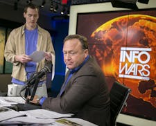 FILE -- Alex Jones, the right-wing conspiracy theorist, before his show in Austin, Feb. 17, 2017. Over the past several days Apple, Facebook, YouTube 