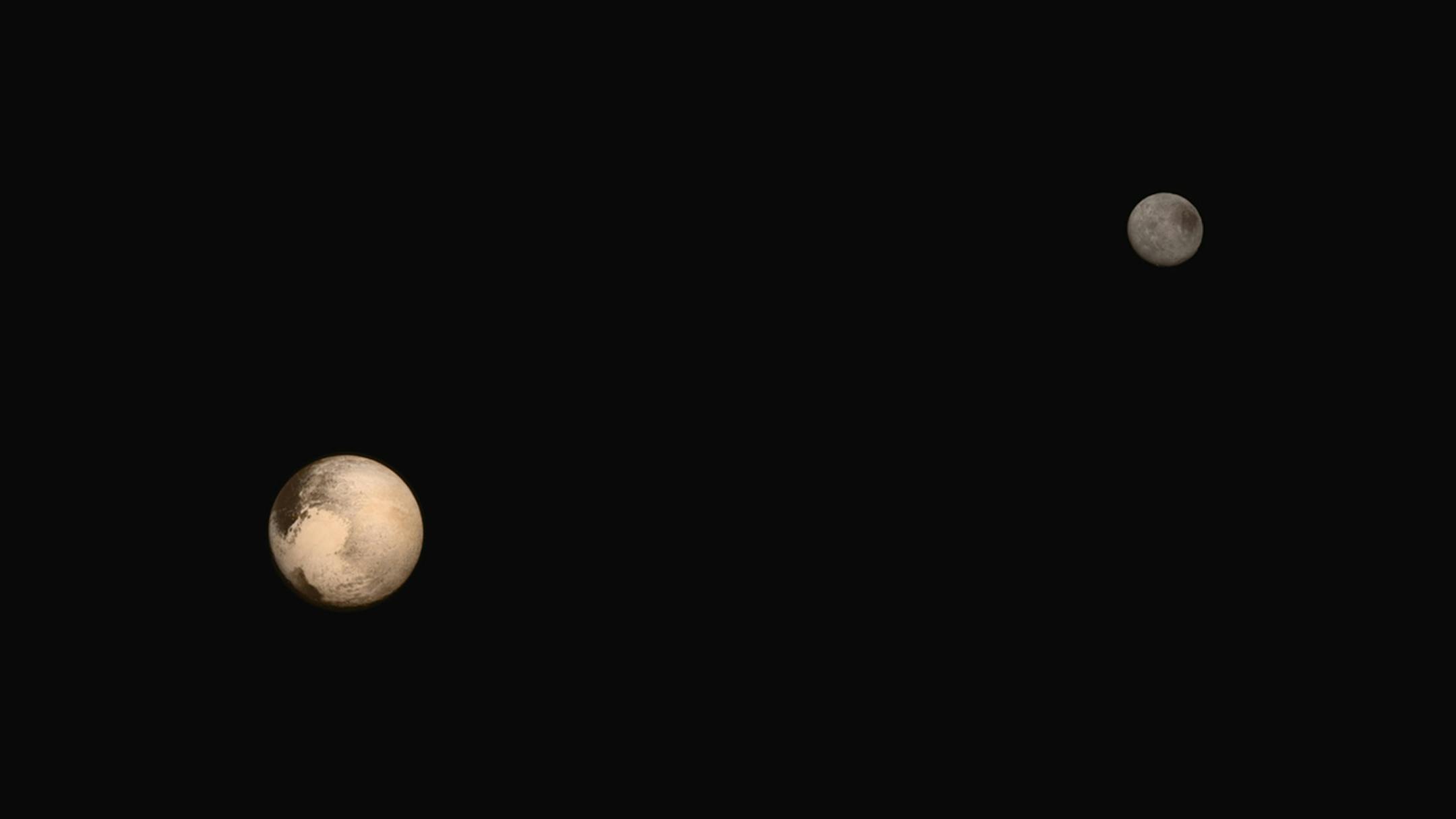 The latest two full-frame images of Pluto and Charon were collected separately by New Horizons during approach on July 13 and July 14, 2015. The relative reflecivity, size, separation and orientations of Pluto and Charon are approximated in this composite image, and they are shown in approximate true color. (NASA)