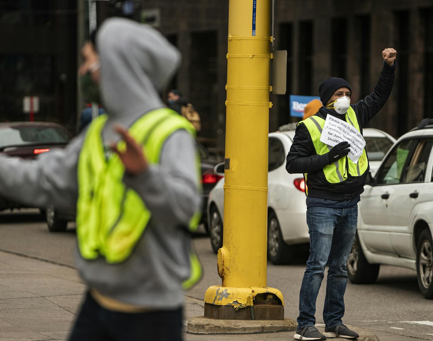 Tenant right advocates including Nathan Sirdar organized a honking, vehicle protest around the US Bank building.] Tenants rights advocates plan to hold a virtual zoom news conference followed by a demonstration around U.S. Bank Plaza in Minneapolis, with protester in cars and plastered with signs. They are demanding legislation action to protect renters and mortgage holders during the pandemic.RICHARD TSONG-TAATARII &#xa5; richard.tsong-taatarii@startribune.com