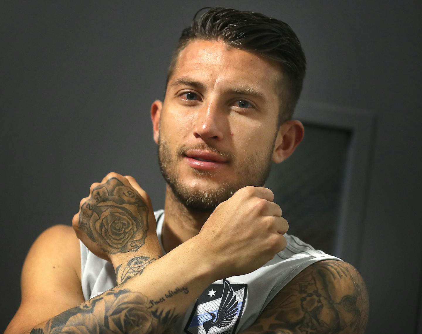 Minnesota United defender Francisco Calvo, a young budding team leader from Costa Rica, is partially covered in tattoos, including a flower on his left hand dedicated to his twins Jalilee and Miranda that his wife miscarried. Calvo was photographed at the National Sports Center Thursday, June 22, 2017, in Blaine, MN. DAVID JOLES &#xef; david.joles@startribune.com Francisco Calvo, a young budding team leader from Costa Rica who is taking on more responsibility with his play. The same is happening