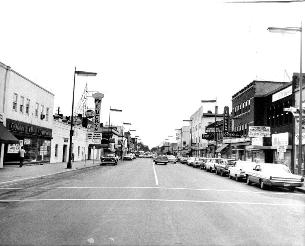 Looking south on Nicollet Avenue from 29th Street in 1963, prior to the street's closure for the Kmart store.