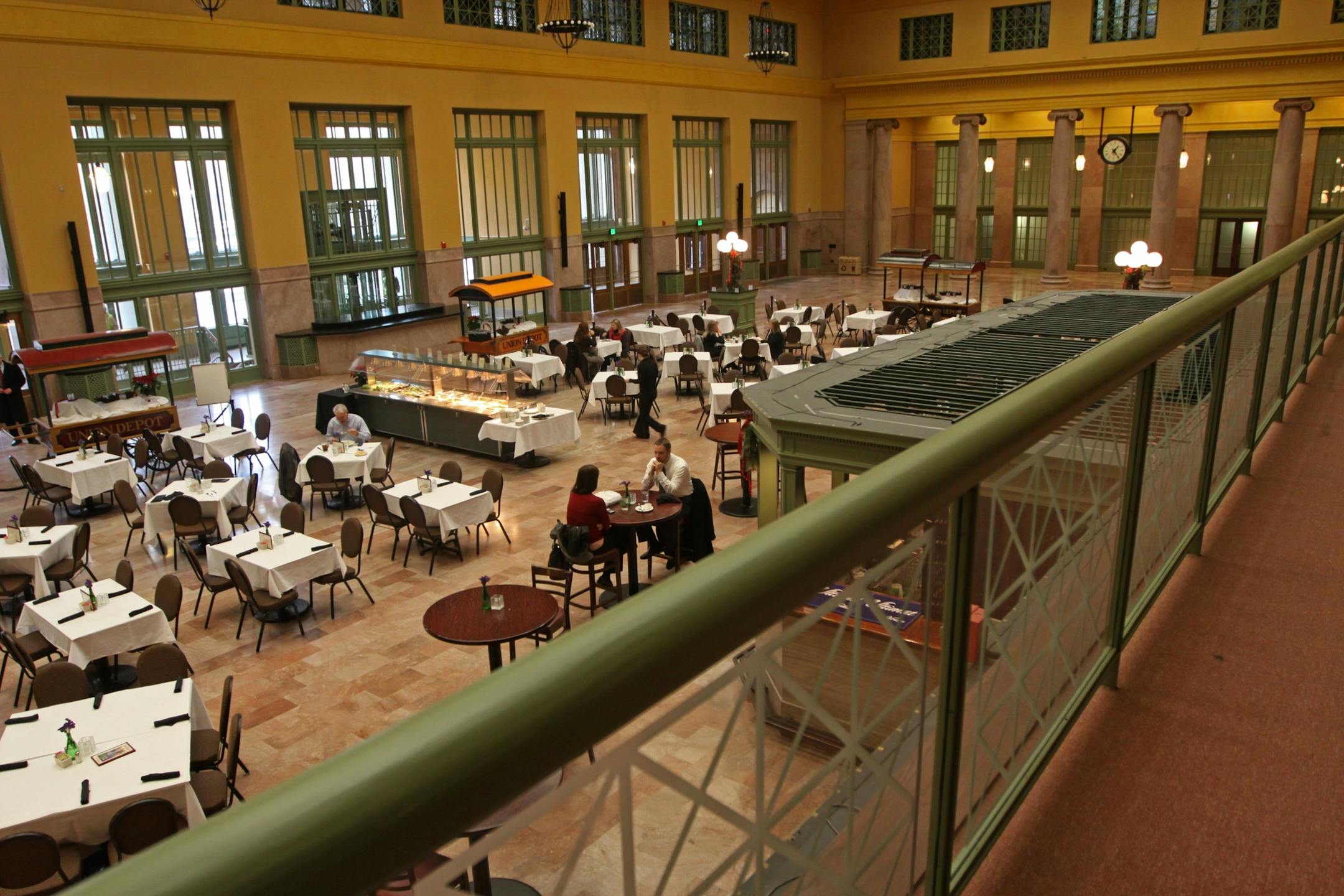 Balcony over Christos restaurant at the main entrance of the Depot in downtown St. Paul on 1/11/12. The grand entry has been restored to it's original colors and the tile and marble restored.