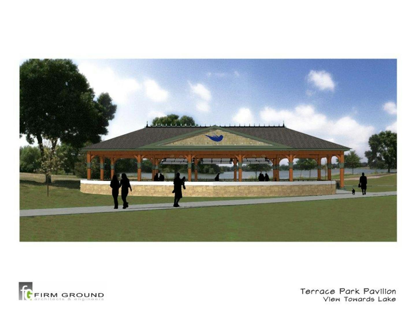 Rendering of a planned pavillion that will hug the Crystal Lake shoreline at Lakeview Terrace Park in Robbinsdale.