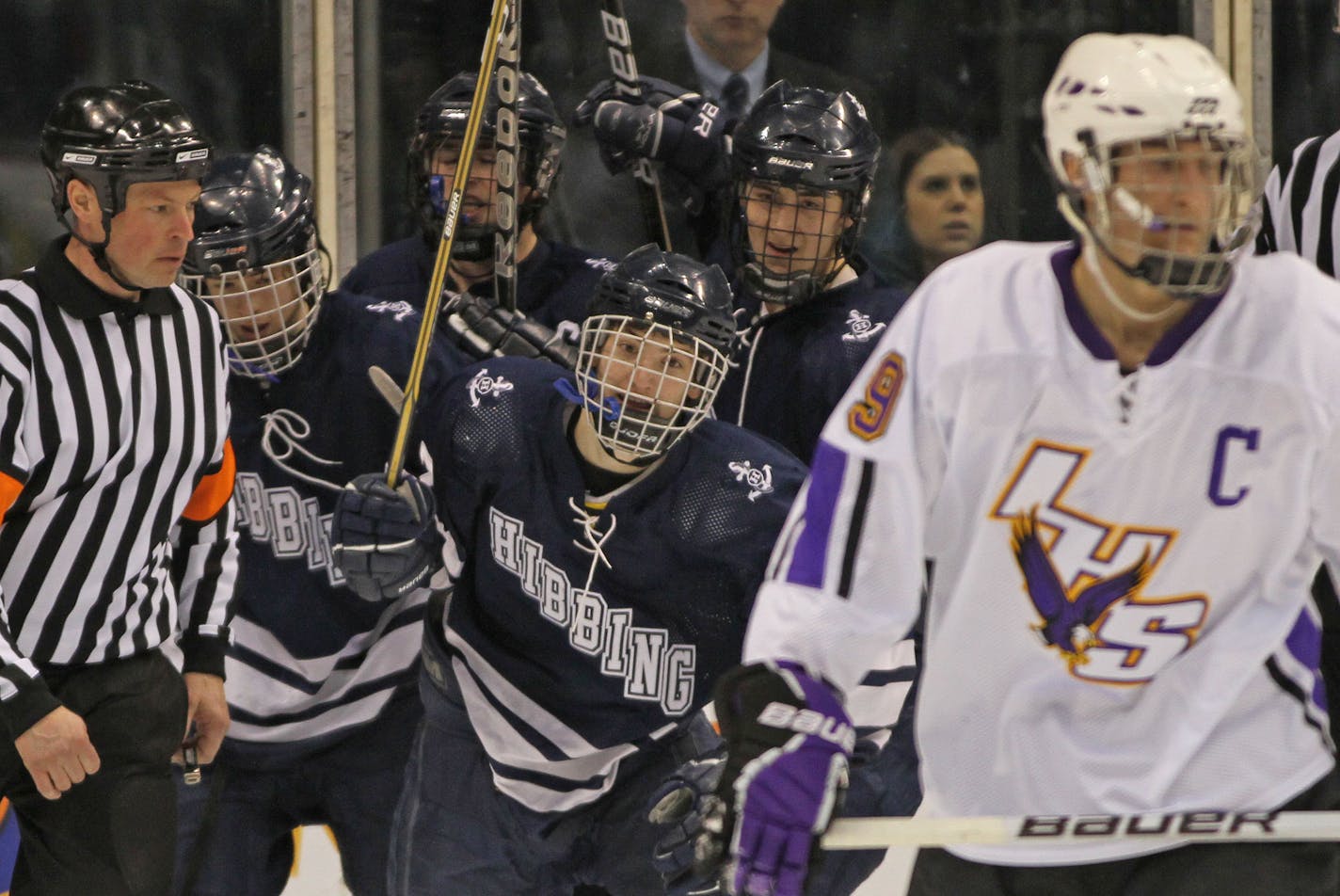 BRUCE BISPING â€¢ bbisping@startribune.com St. Paul, MN., Wednesday, 3/9/11] Boys Hockey Tournament Class A Quarterfinal, Rochester Lourdes vs Hibbing/Chisholm. (center) Hibbing's Adam Johnson celebrated his first period goal with teammates.