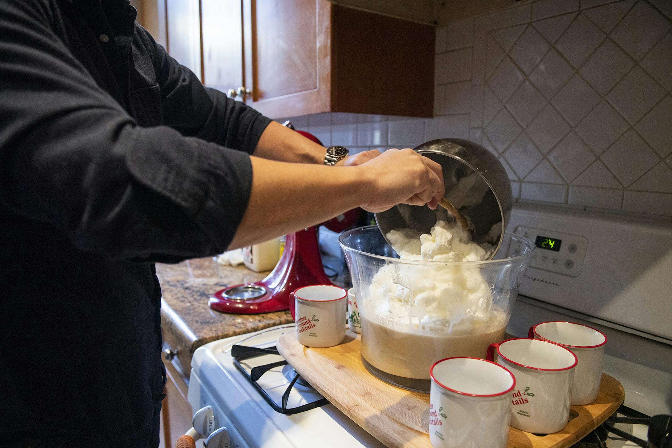 Aaron Goldfarb makes a fresh batch of eggnog. It can be made with or without spirits, or flavored with gingerbread, peppermint, pistachio and toffee syrups.