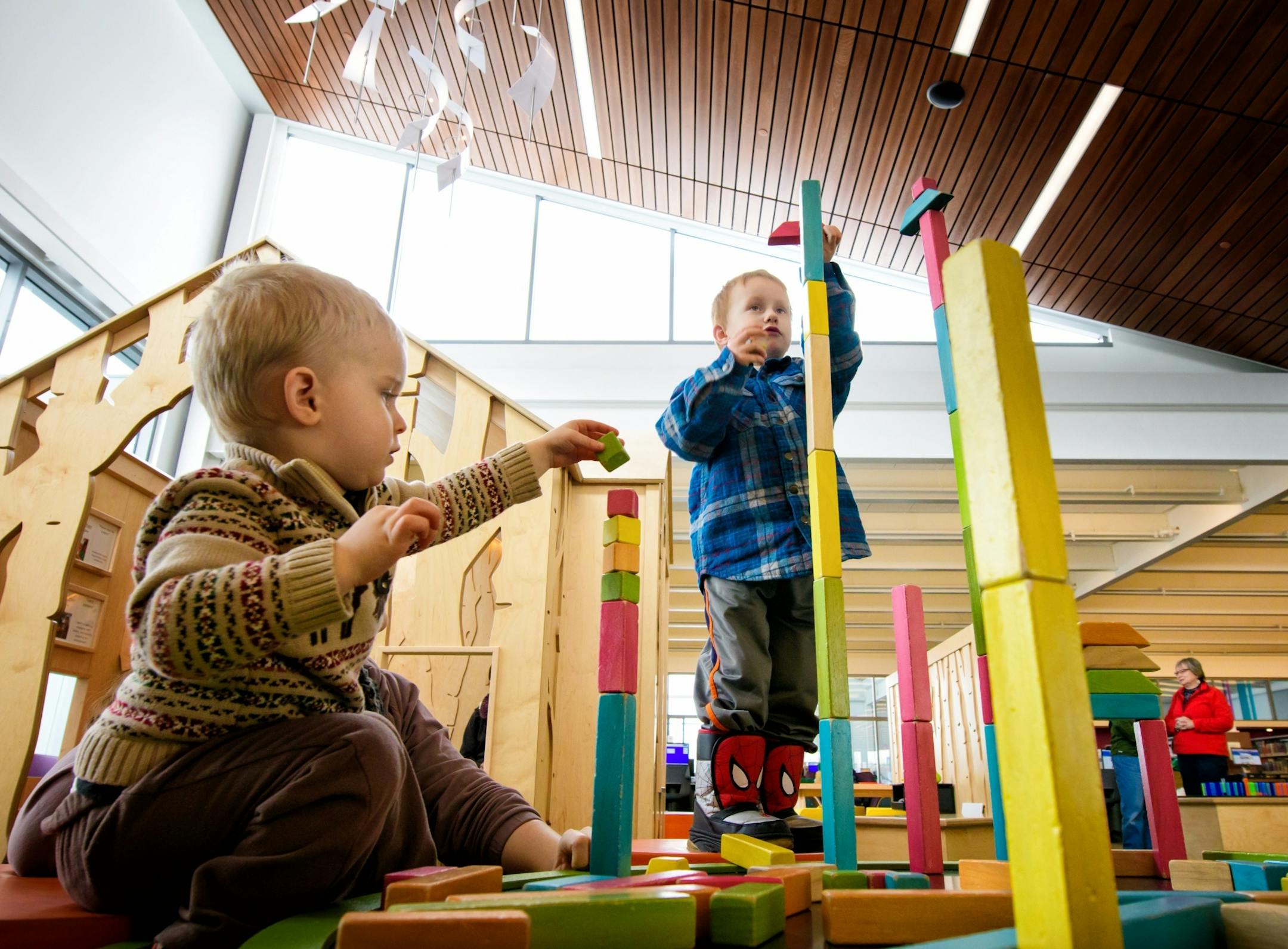 Micah Niederloh, 2 and his brother Isaac, 4 played blocks at the Brooklyn Park Library.