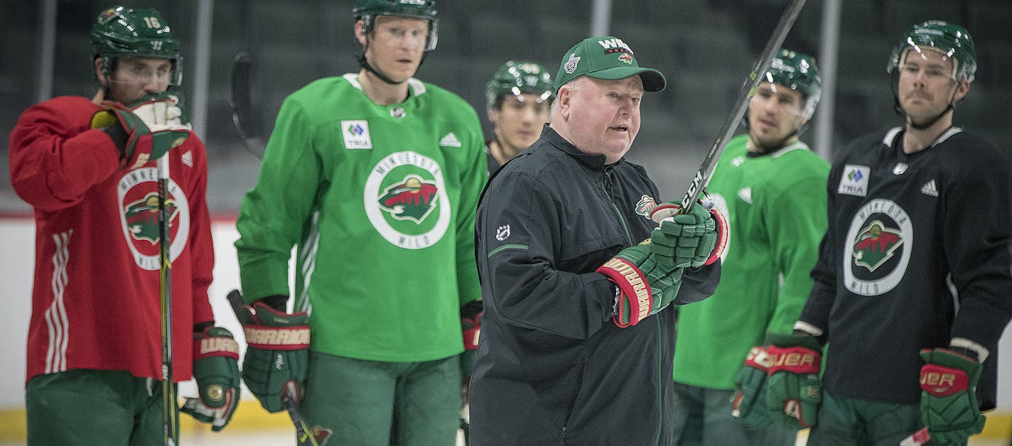 Minnesota Wild's Head Coach Bruce Boudreau led the team in practice at the Xcel Energy Center, Tuesday, April 10, 2018 in St. Paul, MN. They will take on the Winnipeg Jets on Wednesday in a first round Stanley Cup playoff series. ] ELIZABETH FLORES &#xef; liz.flores@startribune.com