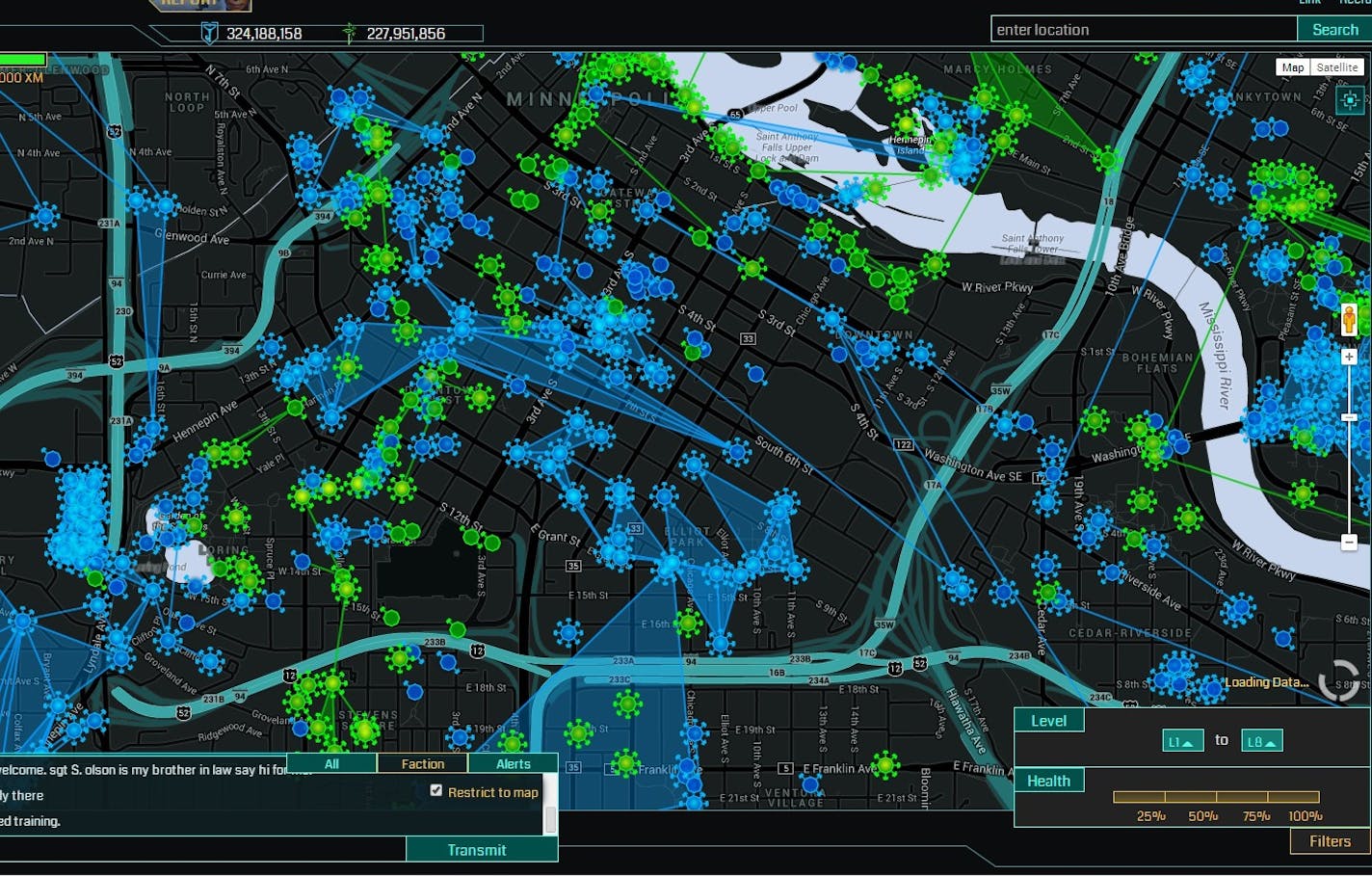 This screenshot from the Ingress Intel Map shows downtown Minneapolis. Blue portals are controlled by the Resistance team. Green portals are controlled by the Enlightened team.