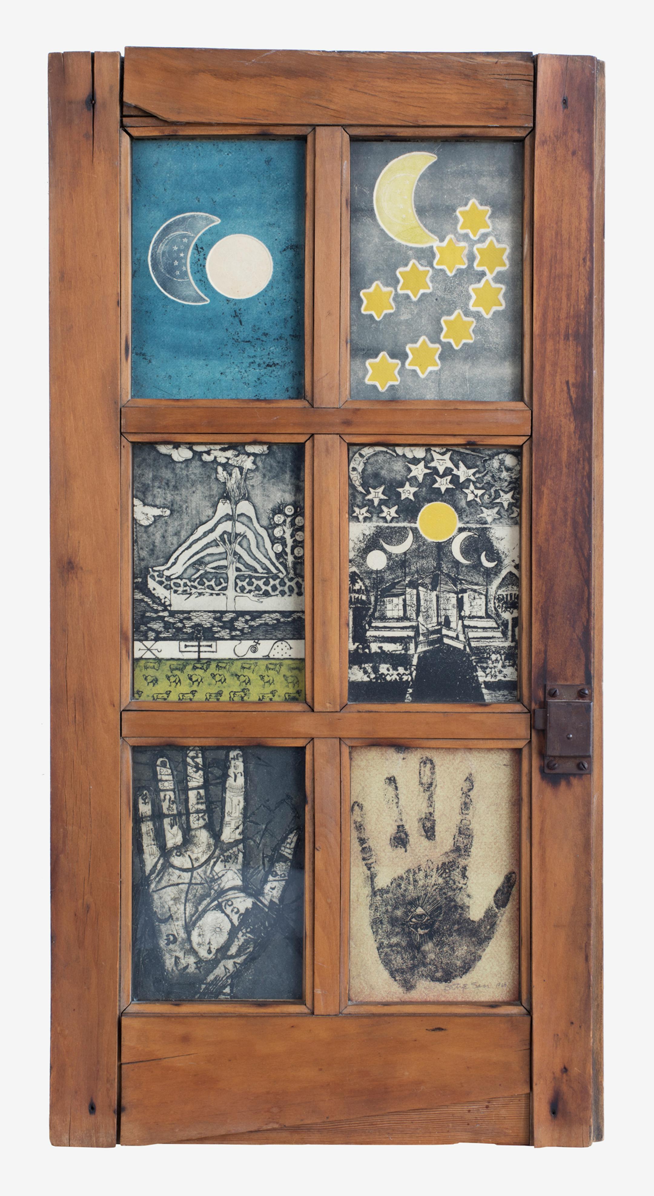 Betye Saar. American, born 1926. The View from the Sorcerer's Window, 1966. Assemblage of color and intaglio etchings and wood window frame with six panes of glass, 30 × 15½ × 1¼ in. Collection of halley k harrisburg and Michael D. Rosenfeld. Photo: Courtesy of Michael Rosenfeld Gallery LLC, New York, NY. Courtesy the Artist and Roberts Projects, Los Angeles, CA. © Betye Saar.
