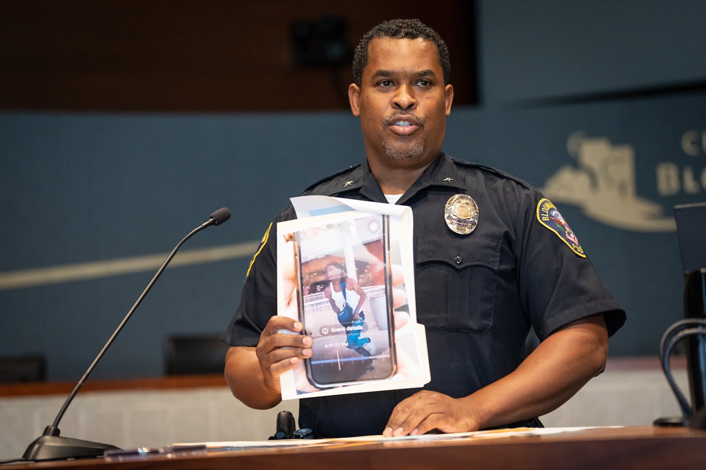 At a news conference Bloomington Police Chief Booker Hodges held a surveillance photo of Shamar Alon Ramon Lark who is one of two people sought in connection with gunfire inside the Mall of America last week on Monday, Aug. 8, 2022 in Bloomington, Minn. ] RENEE JONES SCHNEIDER • renee.jones@startribune.com