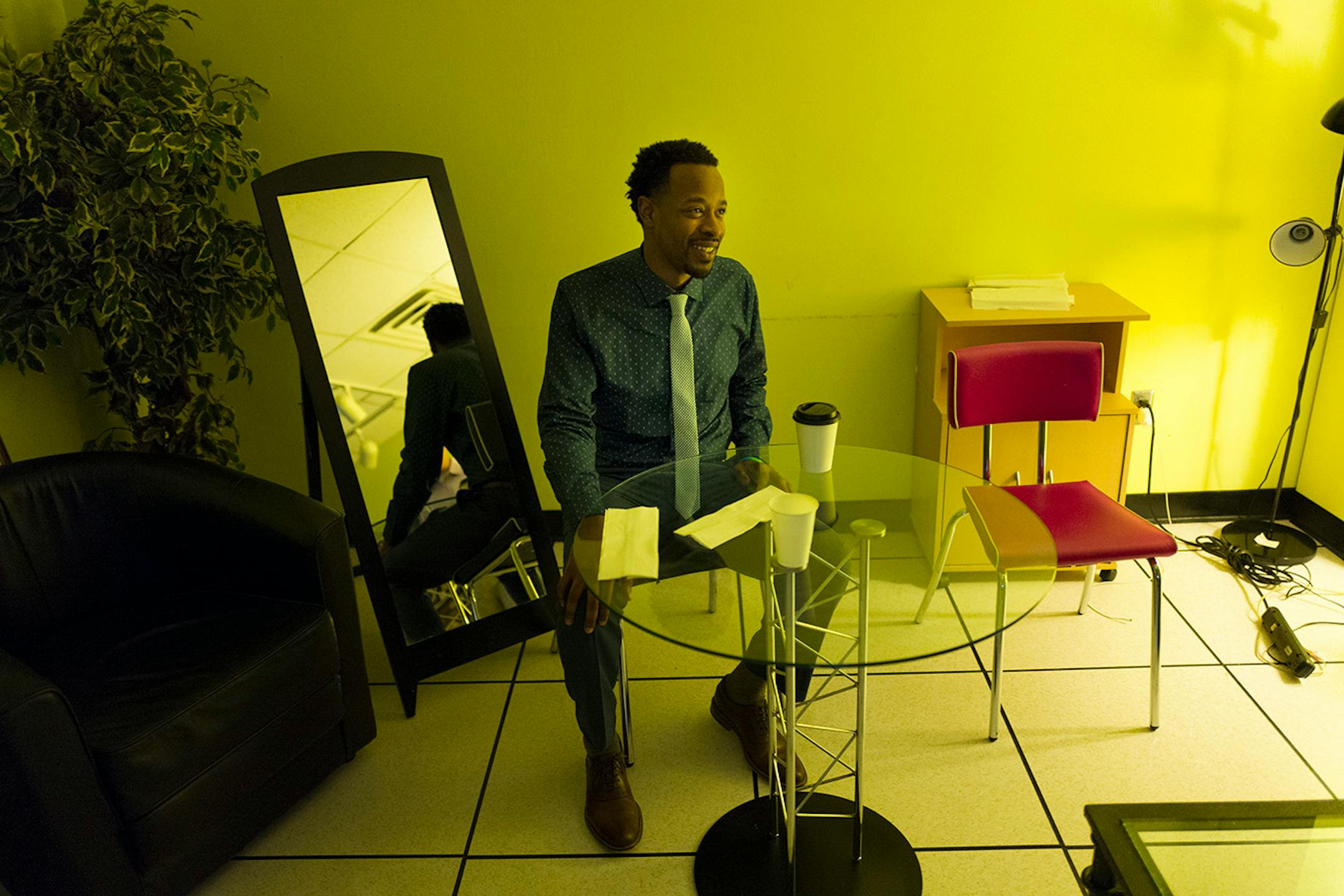 Abdul Wright waited in the green room at KARE 11 on Monday, before an interview with morning show host Kim Insley. Wright, a language arts teacher at Best Academy charter school, won the 2016 Minnesota Teacher of the Year award on Sunday.