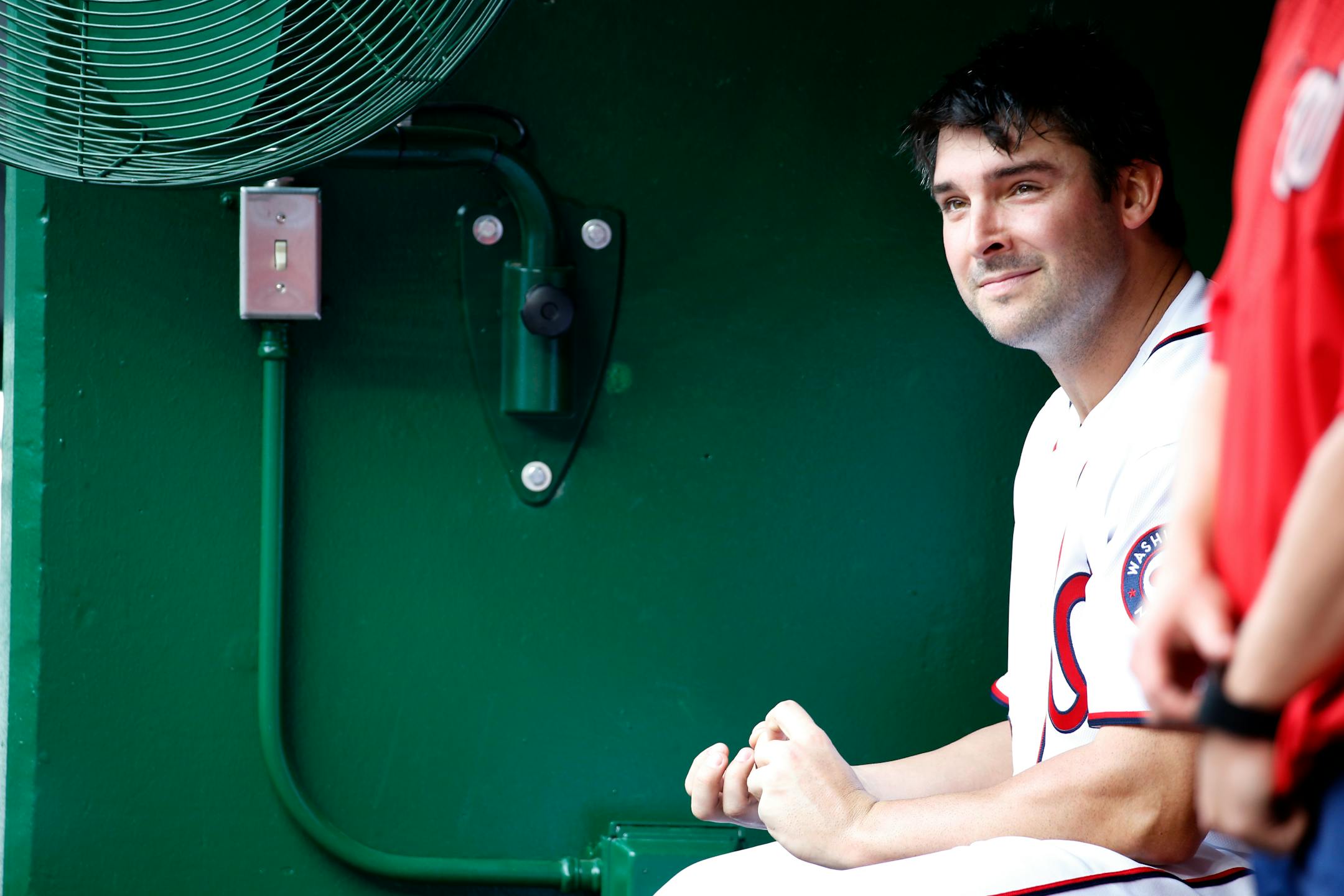 Washington Nationals starting pitcher Tanner Roark sat in the dugout during an interleague baseball game against the Twins. Roark struck out 15 in a 2-0 victory.