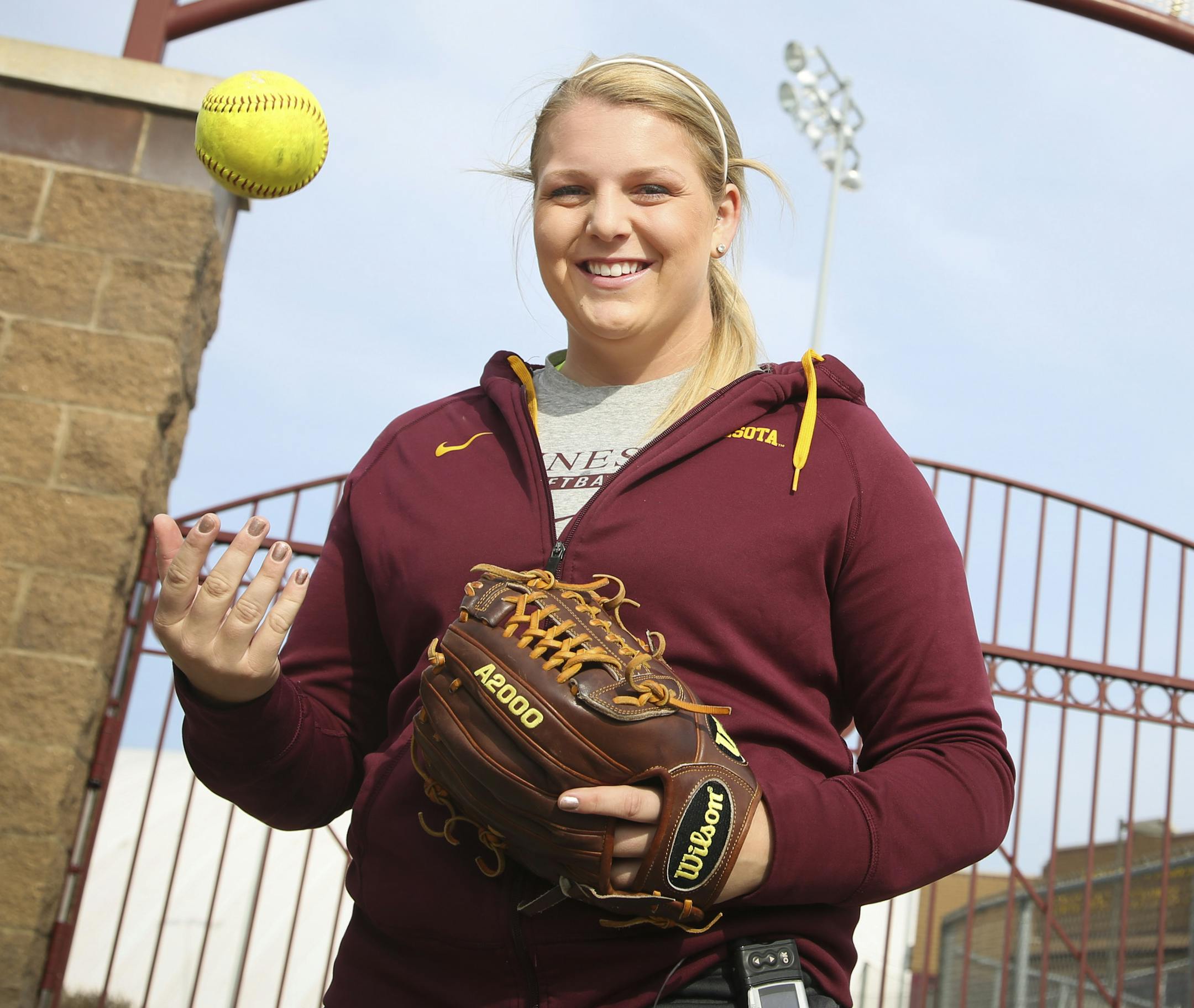 Gophers softball player Sara Groenewegen posed for a picture outside Jane Sage Cowles Stadium at the University of Minnesota in Minneapolis, Minn., on Tuesday, March 24, 2015. ] RENEE JONES SCHNEIDER • reneejones@startribune.com ORG XMIT: MIN1503241917186183