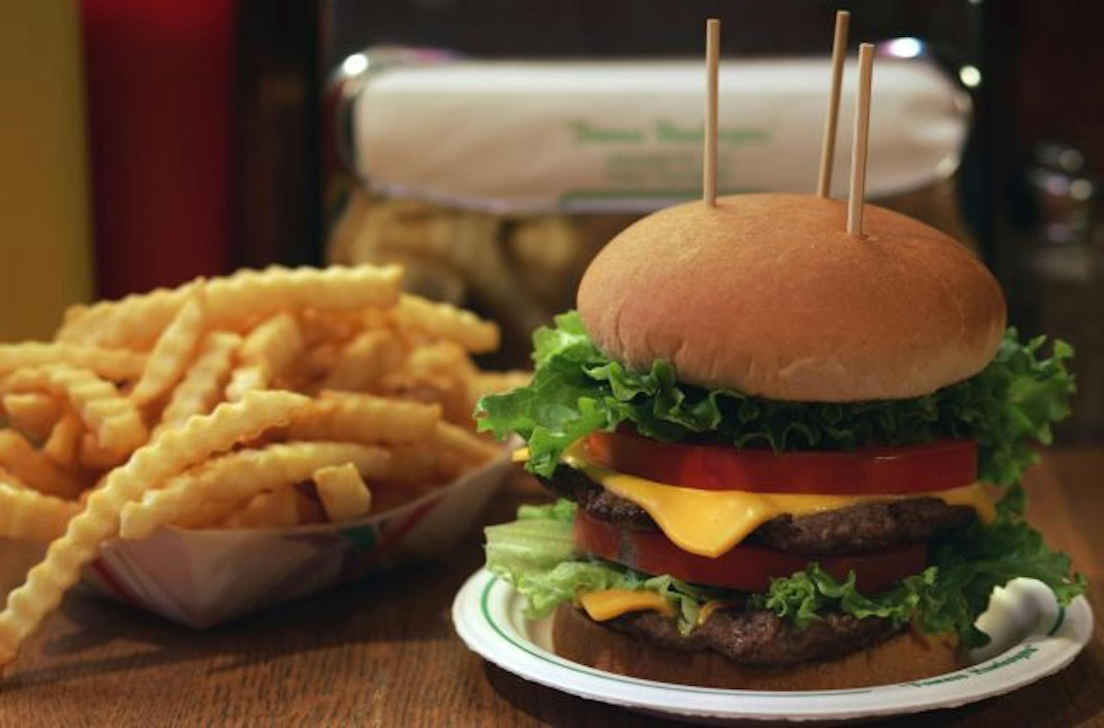 The Lion's Tap in Eden Prairie is famous for its hamburgers, especially the Double California Burger with cheese.