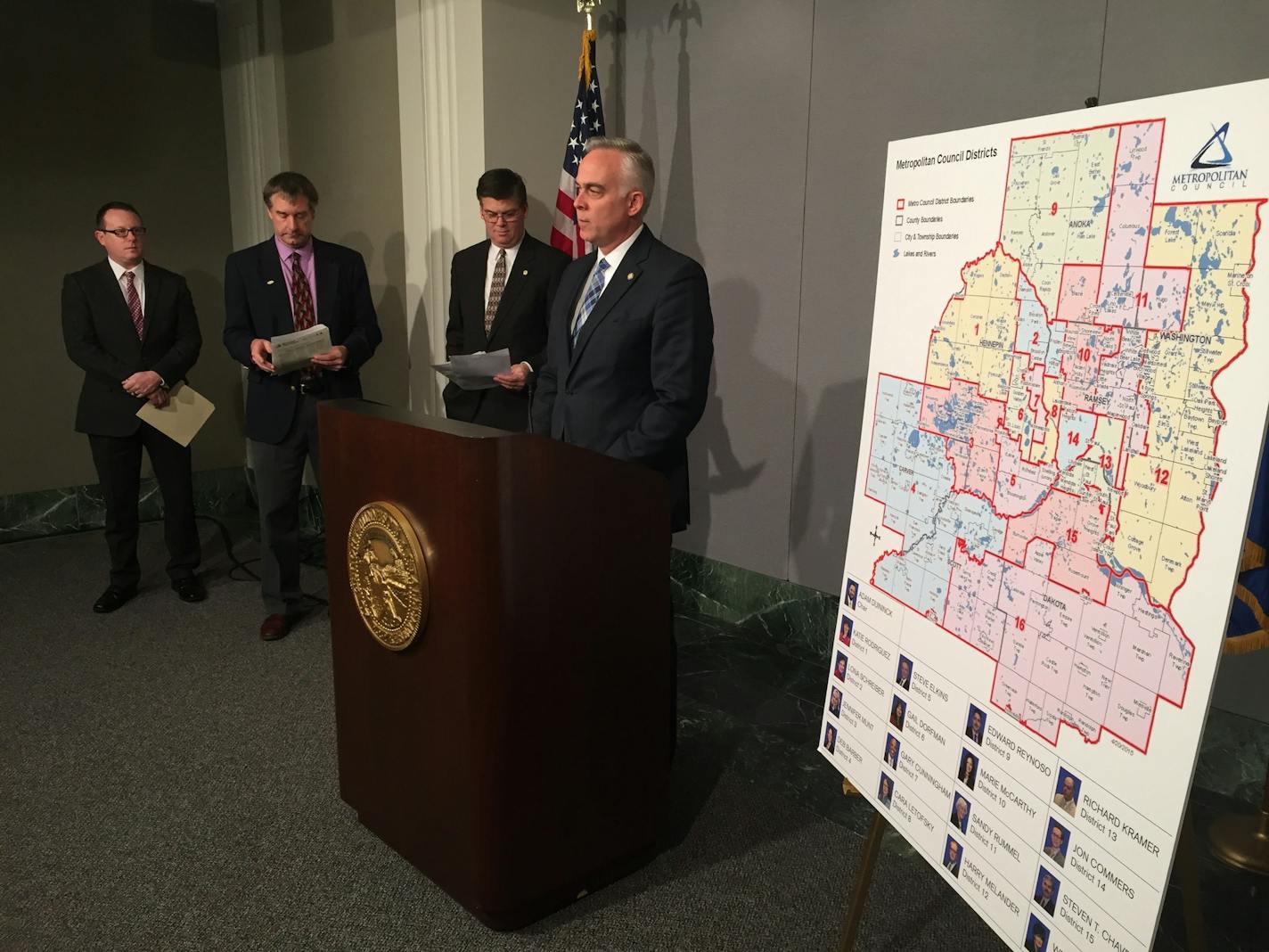 Rep. Tony Albright, R-Prior Lake, discusses Metropolitan Council reform at a news conference Monday. He was joined, left to right, by Blaine City Council Member Jason King, Dakota County Commissioner Chris Gerlach and Sen. Eric Pratt.