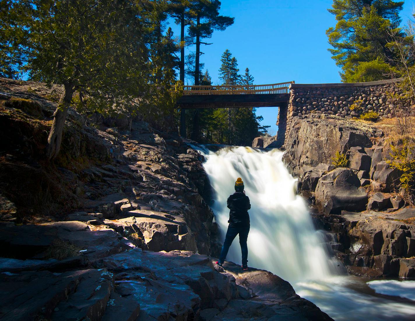 Hiking at Amity Creek Falls along Seven Bridges Road in Duluth.