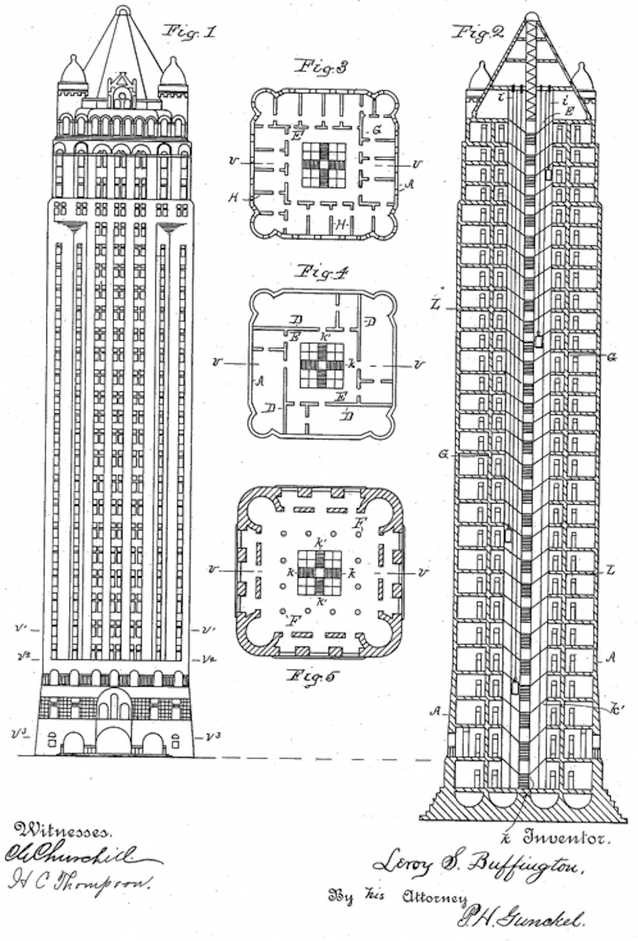 The height of LeRoy Buffington's 28-story skyscraper, shown here in his patent drawing, was shocking in 1888.