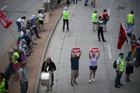 More than 100 anti-Trump protesters demonstrated Friday, May 17, 2024 outside the St. Paul RiverCentre in St. Paul.