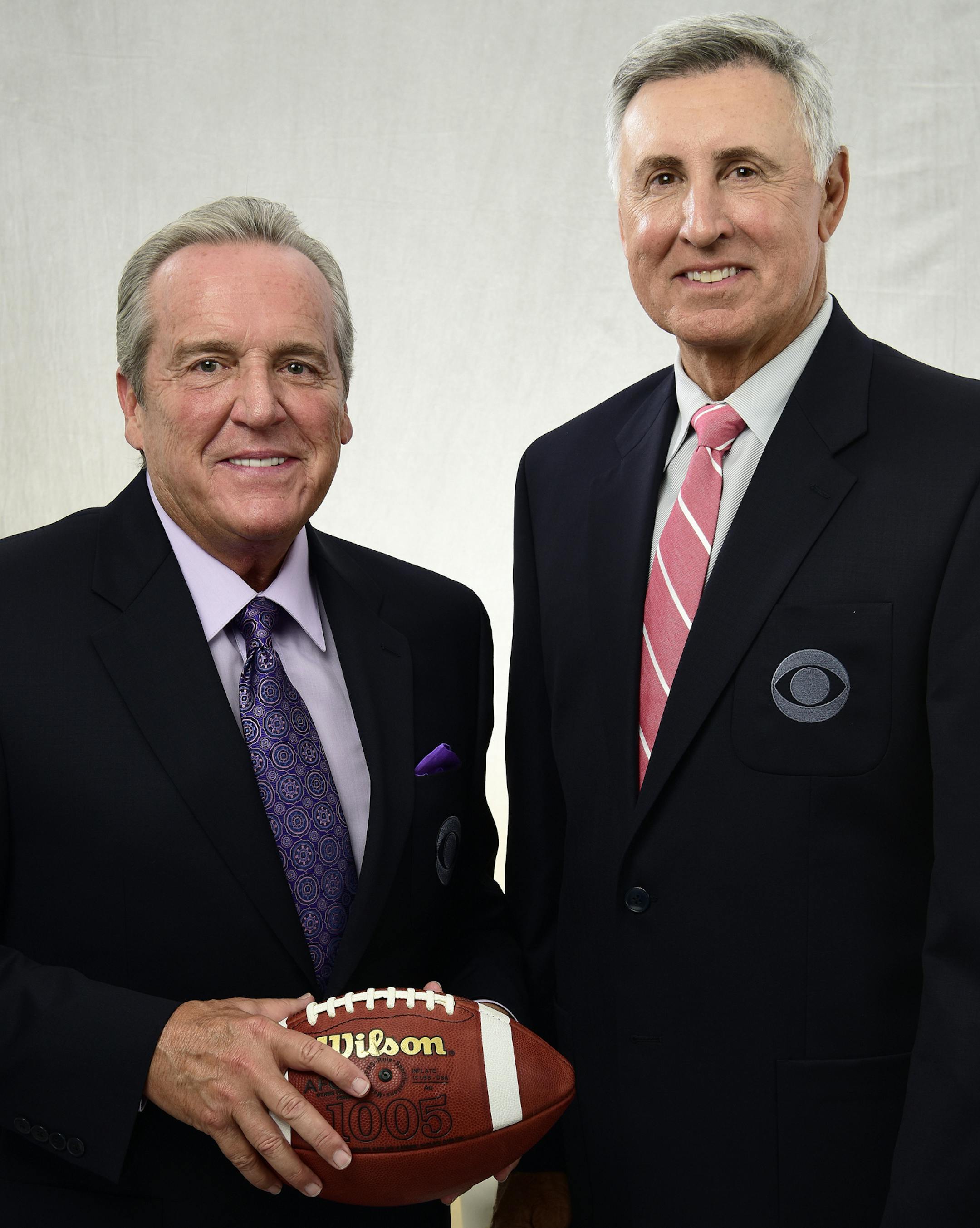 Brad Nessler, left, lead play-by-play announcer, and Gary Danielson, lead analyst, pose for a photo in New York on Tuesday, Aug. 1, 2017. Nessler is the new voice of the SEC on CBS, taking over for Verne Lundquist, who had become an adored institution on Saturday afternoons in the fall. Nessler will be working with longtime analyst Danielson. (John Paul Filo/CBS via AP)