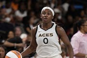Las Vegas Aces guard Jackie Young (0) during a WNBA basketball game against the Atlanta Dream, Friday, June 2, 2023, in College Park, Ga. (AP Photo/Da