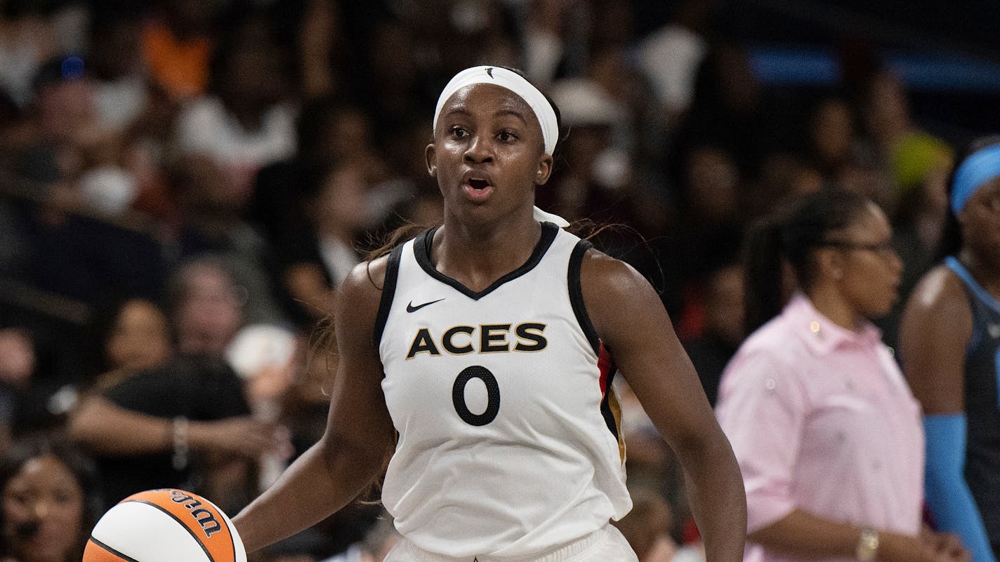 Las Vegas Aces guard Jackie Young (0) during a WNBA basketball game against the Atlanta Dream, Friday, June 2, 2023, in College Park, Ga. (AP Photo/Danny Karnik)