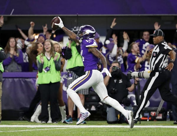 Stefon Diggs carried the ball into the end zone at the end of the "Minneapolis Miracle" touchdown against New Orleans during the 2018 playoffs.