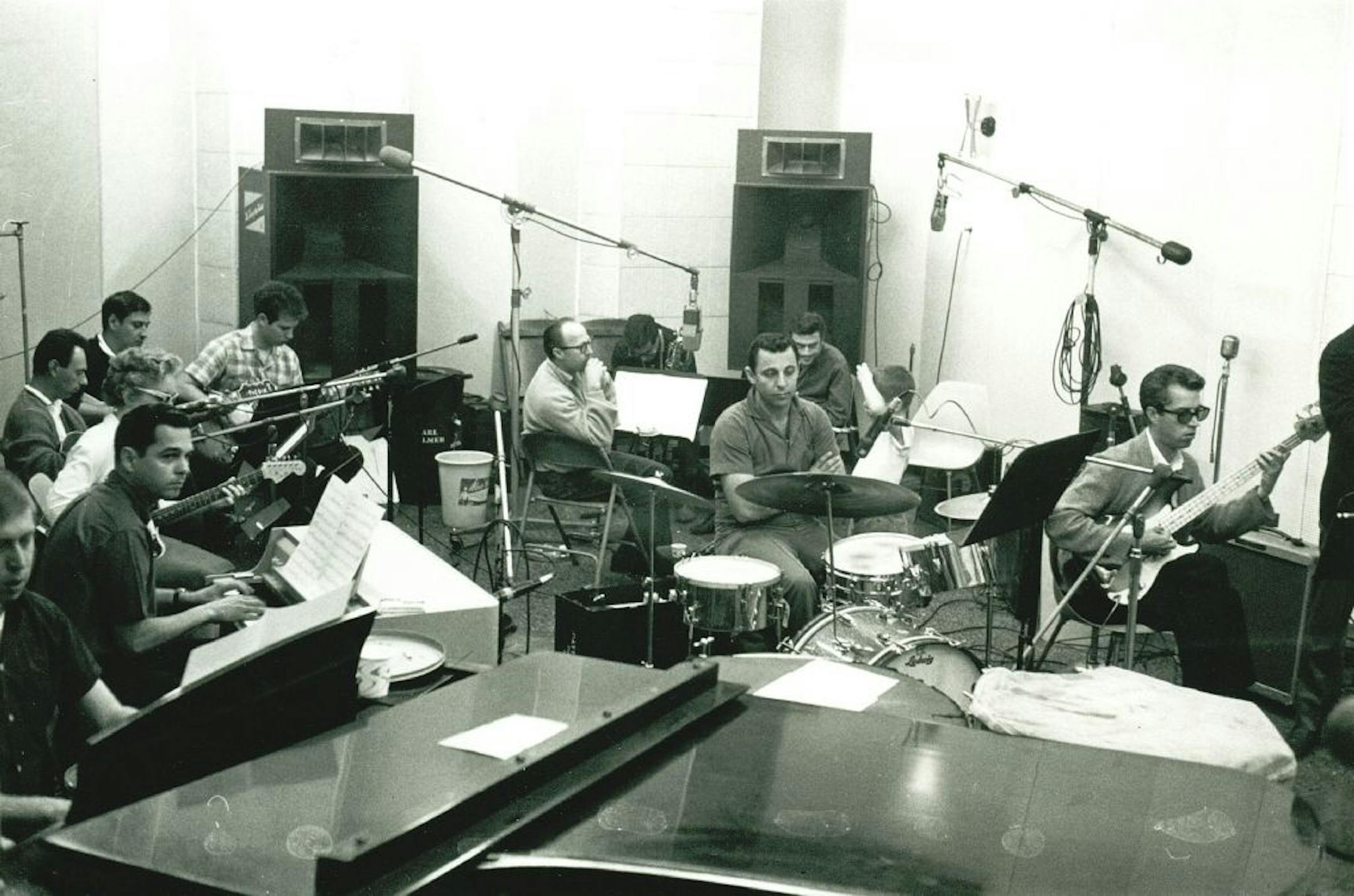 The Wrecking Crew — a group of studio musicians who recorded some of the top music in the 1960s and '70s — at work during a recording session in Los Angeles.