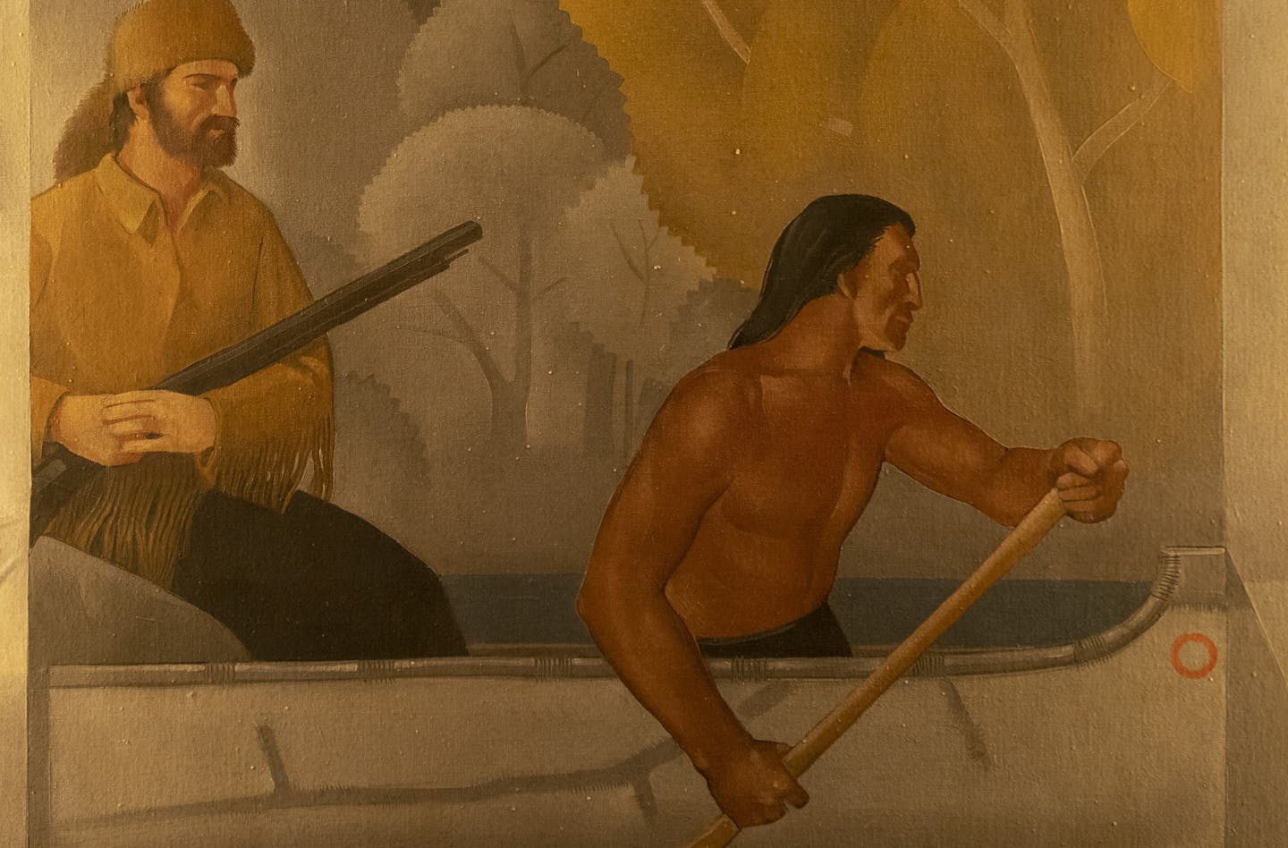 A small detail depicting a white frontiersman and a Native American from one of the four murals in the St. Paul City Council Chambers painted in 1933 