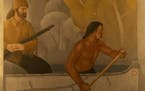 A small detail depicting a white frontiersman and a Native American from one of the four murals in the St. Paul City Council Chambers painted in 1933 