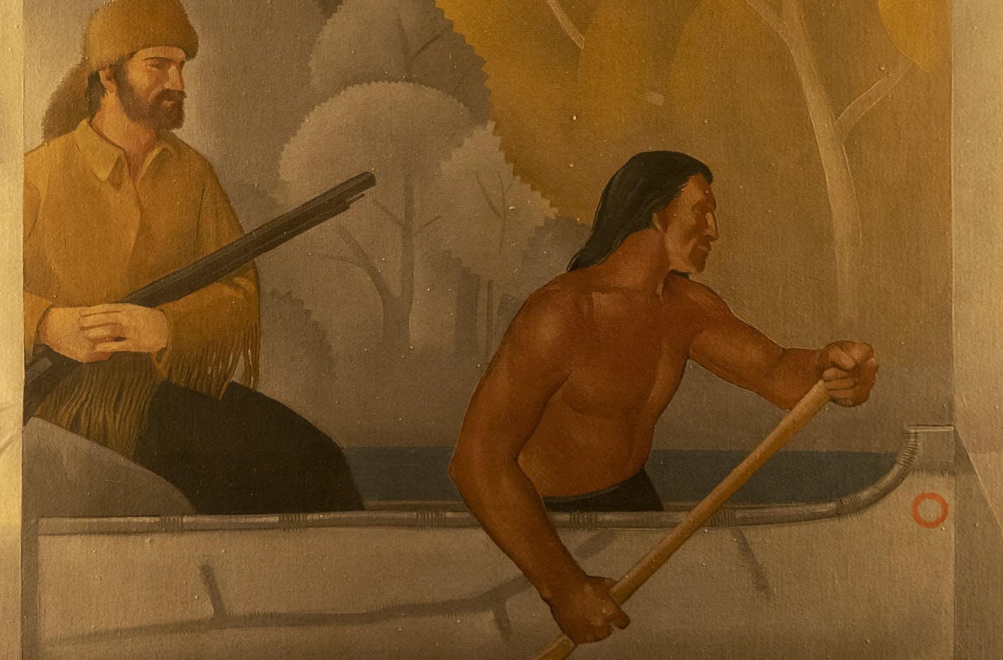 A small detail depicting a white frontiersman and a Native American from one of the four murals in the St. Paul City Council Chambers painted in 1933 by John Norton. ] JEFF WHEELER &#xef; jeff.wheeler@startribune.com Two St. Paul City Council members are spearheading an effort to remove four murals, each depicting a white man who represents a period in early St. Paul history, from the council chambers. City Council President Amy Brendmoen and Vice President Rebecca Noecker say the 1930's-era mur