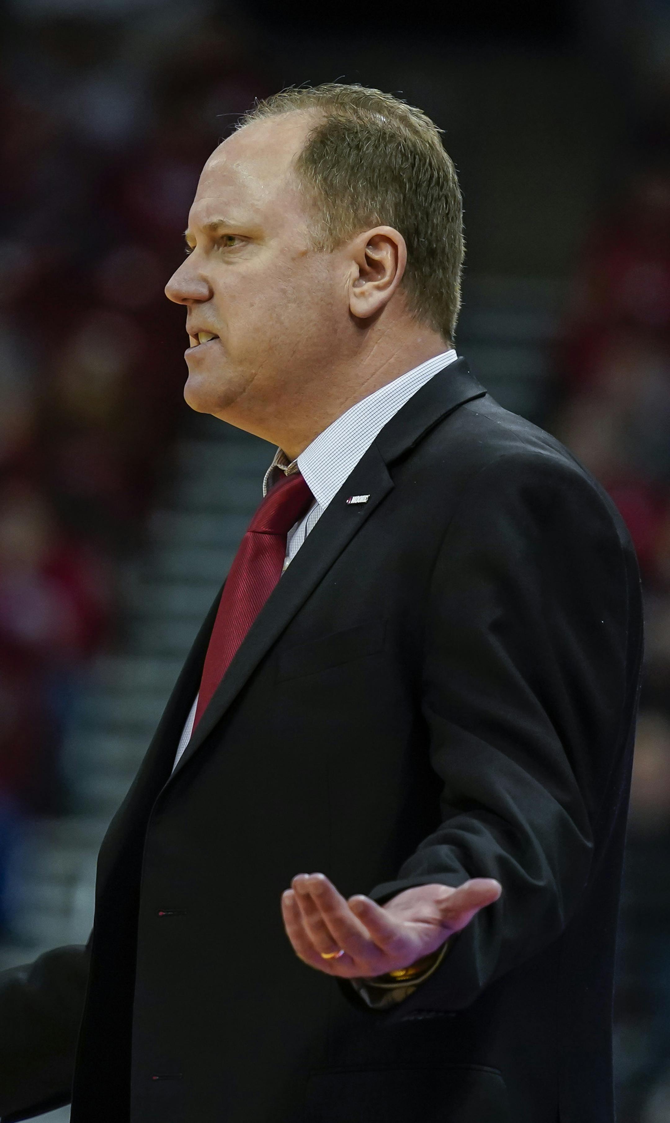 Wisconsin head coach Greg Gard reacts to a call during the second half of the team's NCAA college basketball game against Illinois on Wednesday, Jan. 8, 2020, in Madison, Wis. Illinois won 71-70. (AP Photo/Andy Manis) ORG XMIT: MER807009d514f48a50340eecd7fbb06