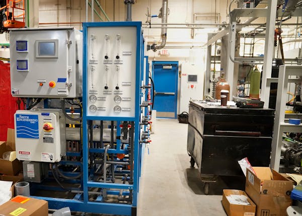 Water filtration and oxygen handler systems that works in concert with an electrolzyer pictured at a CenterPoint gas facility to create hydrogen Thurs