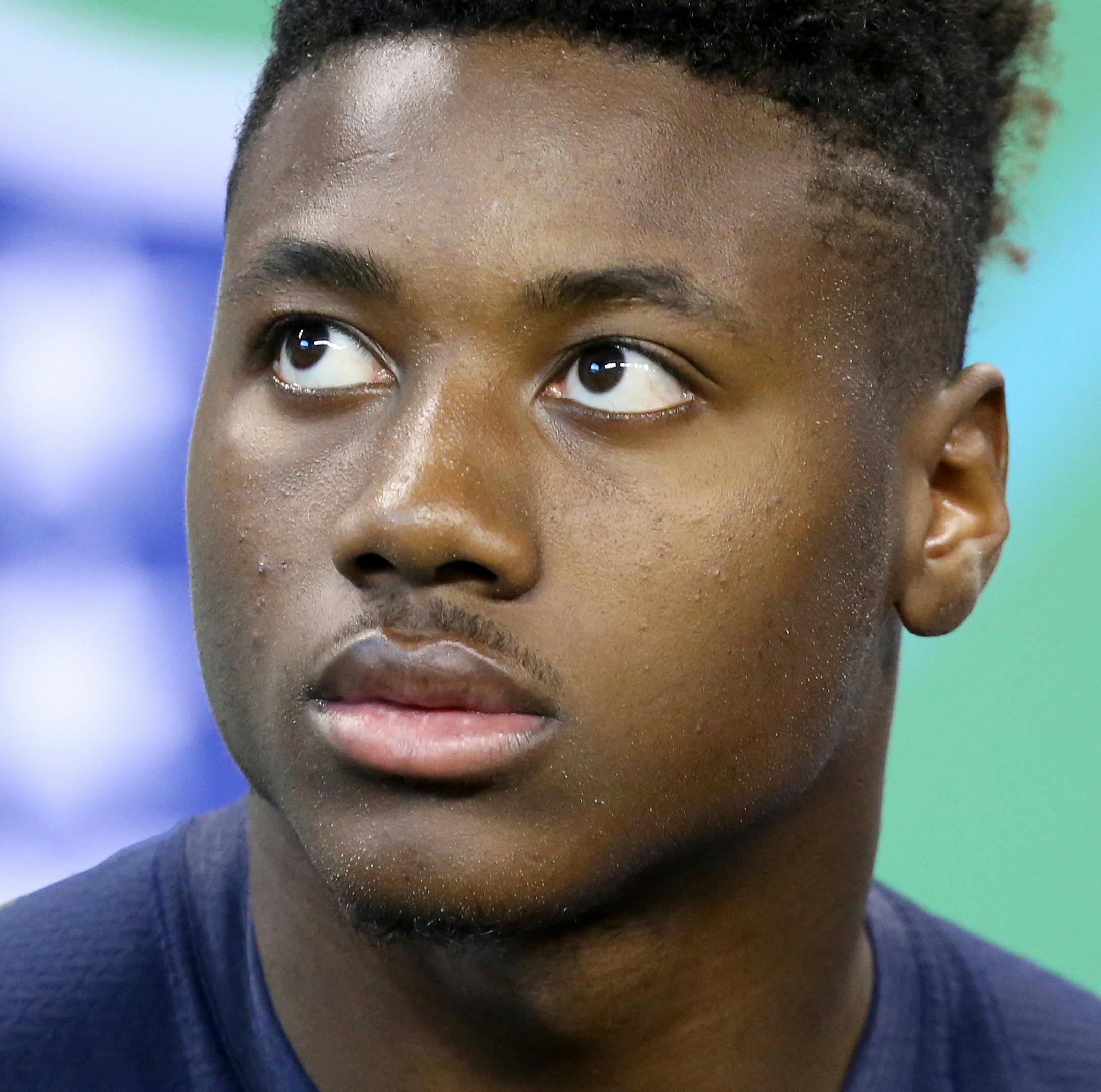 Ohio State wide receiver Curtis Samuel is seen after a drill at the 2017 NFL football scouting combine Saturday, March 4, 2017, in Indianapolis. (AP Photo/Gregory Payan) ORG XMIT: INGP101