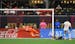 Minnesota United goalkeeper Vito Mannone dives as Atlanta United defender Franco Escobar (2) gets a shot past him to score during the first half of an