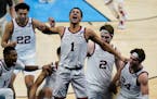 Jalen Suggs celebrated after hitting the game-winning three-pointer in Gonzaga’s NCAA semifinal victory over UCLA.