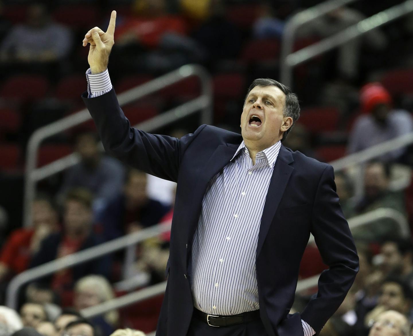 Houston Rockets coach Kevin McHale directs his players against the Minnesota Timberwolves in the first half of an NBA basketball game Monday, Feb. 23, 2015, in Houston.