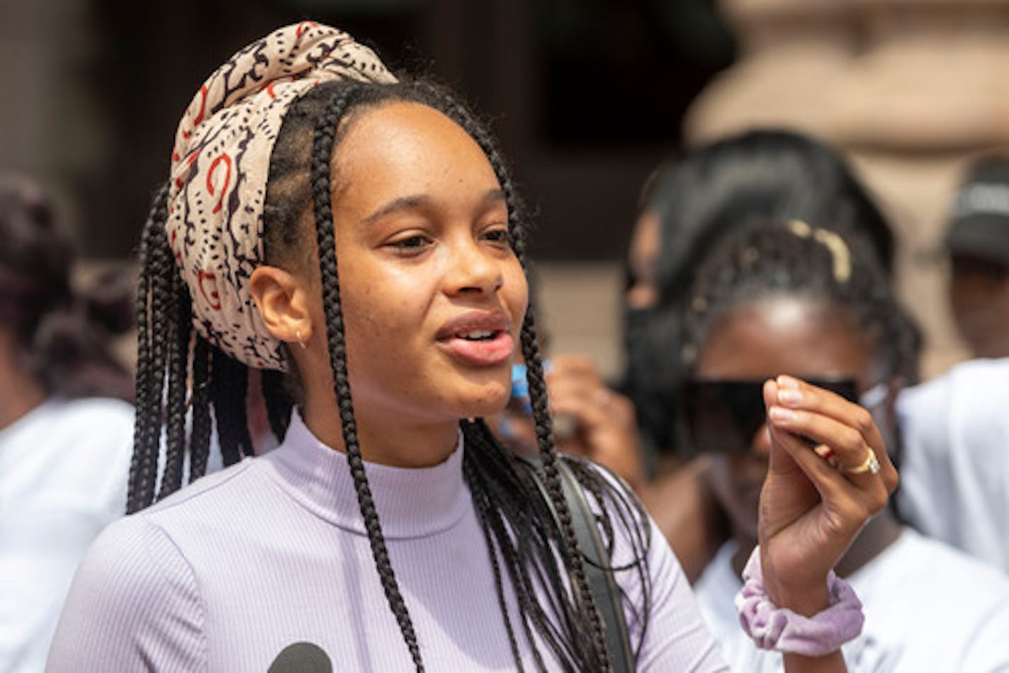 Angela Rose Myers, President of the Minneapolis NAACP, speaks to media during a press conference outside of City Hall on Friday, July 9, 2021, in Minneapolis. ] ANTRANIK TAVITIAN • anto.tavitian@startribune.com