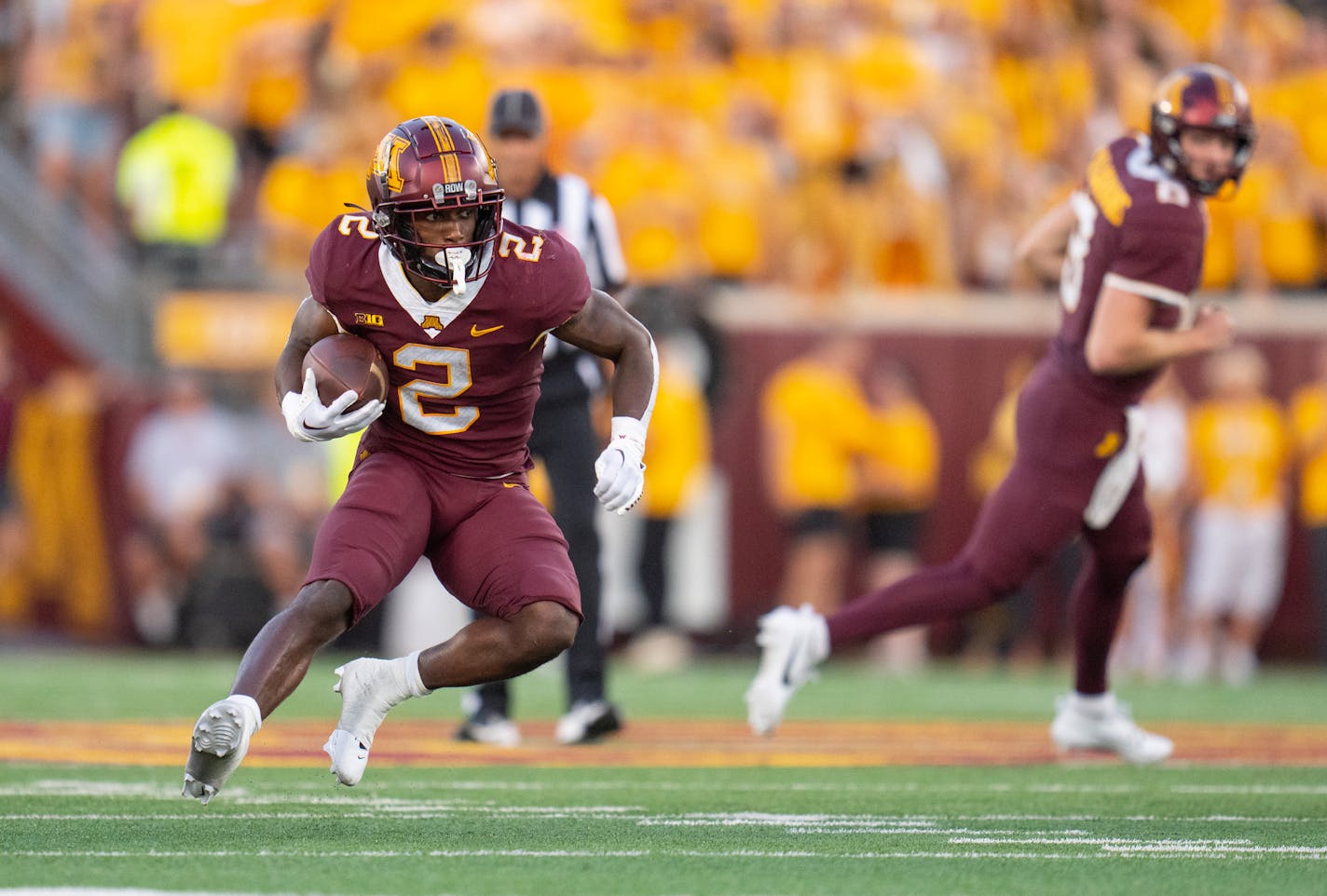 Minnesota Gophers running back Sean Tyler (2) runs the ball against Nebraska in the second quarter Thursday, Aug. 31, 2023, at Huntington Bank Stadium in Minneapolis, Minn. ]