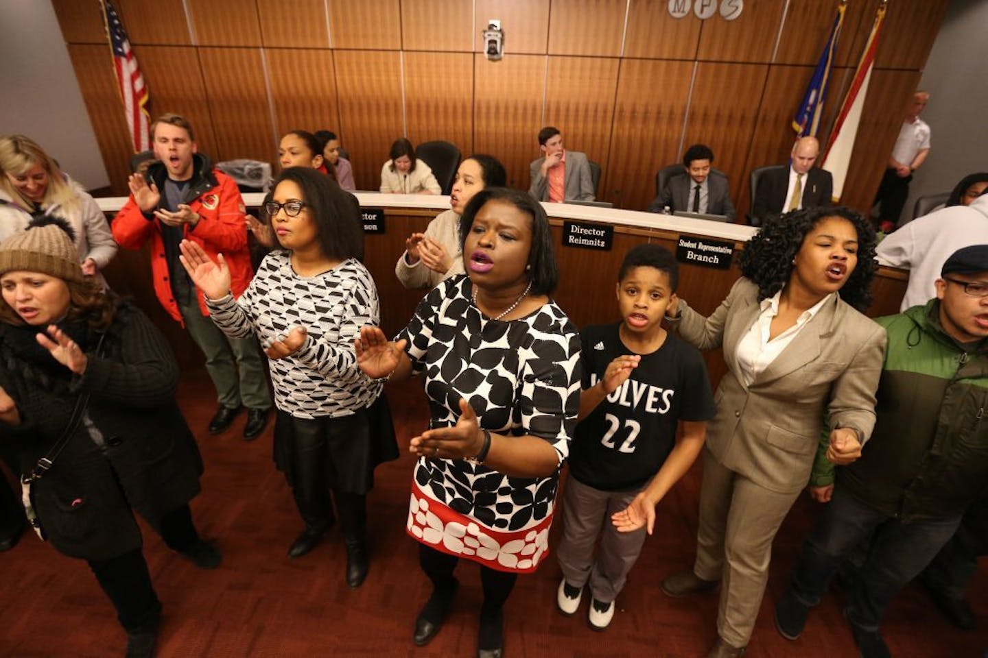 In the midst of a motion to select interim superintendent Michael Goar as the board's preferred candidate, protestors shut down the school board meeting. Tuesday January 12, 2016 in Minneapolis, MN.