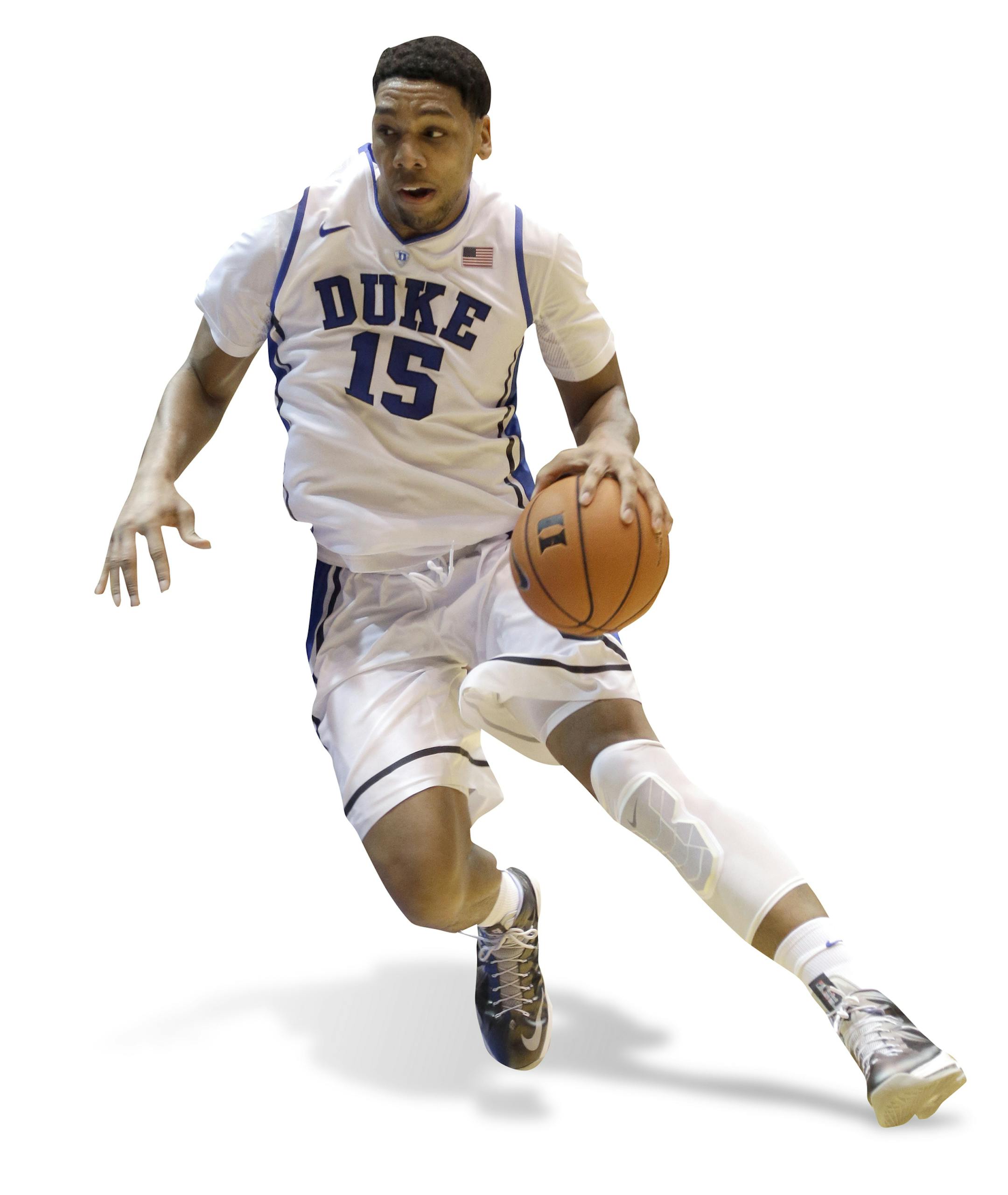 Duke's Jahlil Okafor (15) drives around Elon's Jack Anton during the first half of an NCAA college basketball game in Durham, N.C., Monday, Dec. 15, 2014. (AP Photo/Gerry Broome) ORG XMIT: otkgb114.JPG