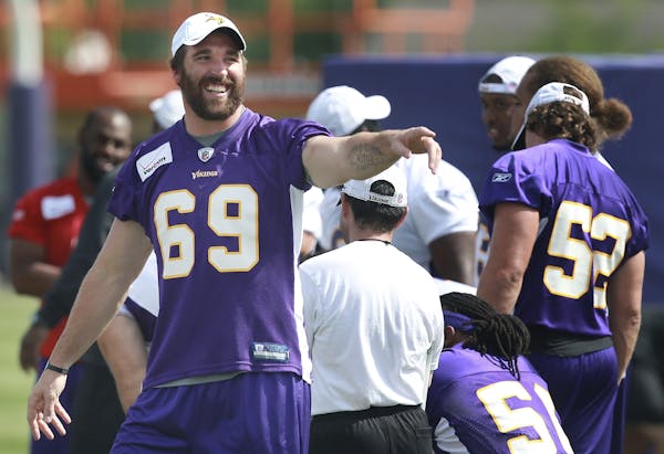Minnesota Vikings Jared Allen laughed during the afternoon "walk-thru" during the second week of training camp in Mankato, MN, Monday, August 8, 2011.